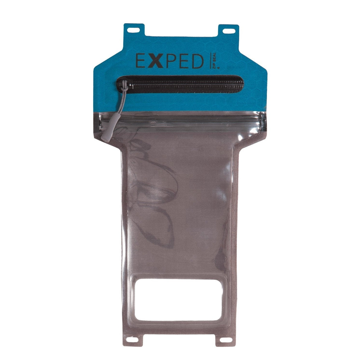 Die EXPED ZipSeal 4 ist eine transparente, wasserdichte Schutztasche mit einem blauen Deckel mit der Aufschrift EXPED und einem ZipSeal 4-Reißverschluss - perfekt, um Wertgegenstände wie Ihr Smartphone vor Wasser zu schützen.