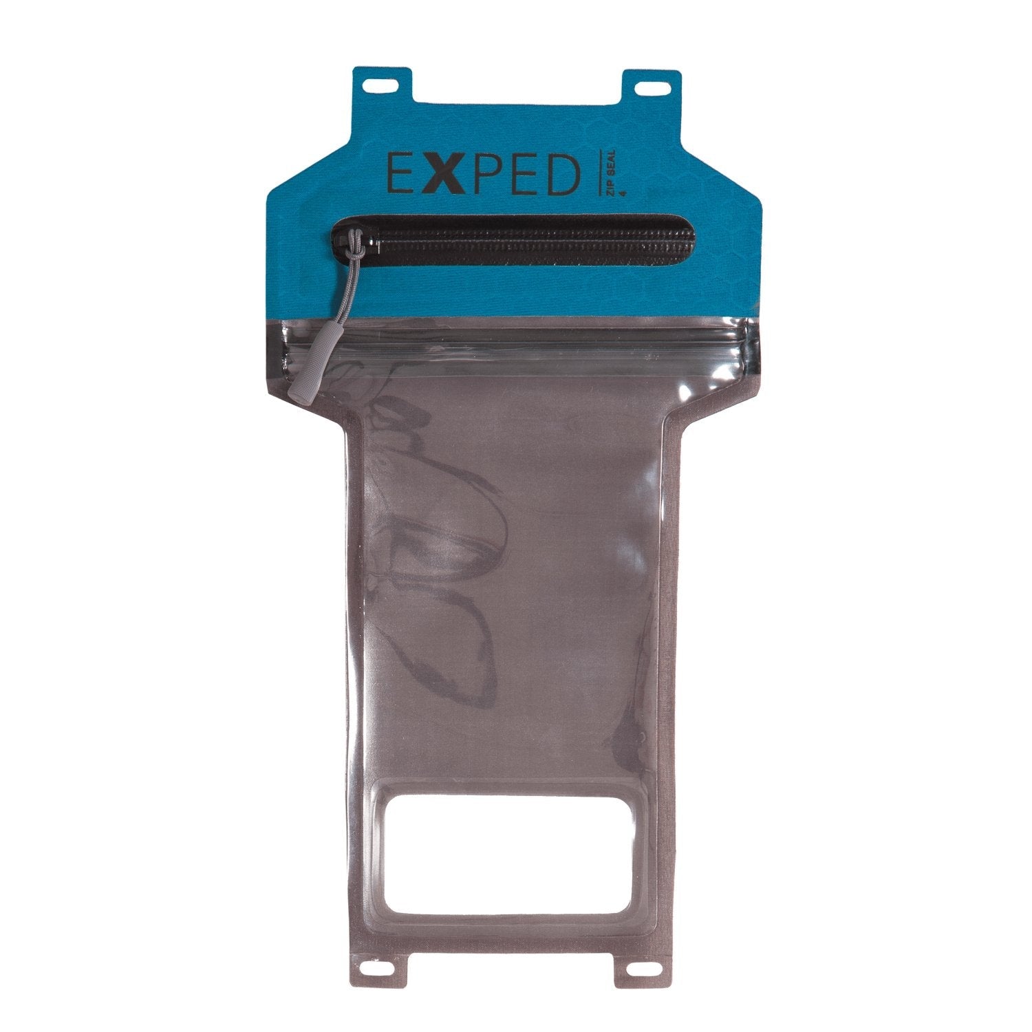 Die EXPED ZipSeal 4 ist eine transparente, wasserdichte Schutztasche mit einem blauen Deckel mit der Aufschrift EXPED und einem ZipSeal 4-Reißverschluss - perfekt, um Wertgegenstände wie Ihr Smartphone vor Wasser zu schützen.