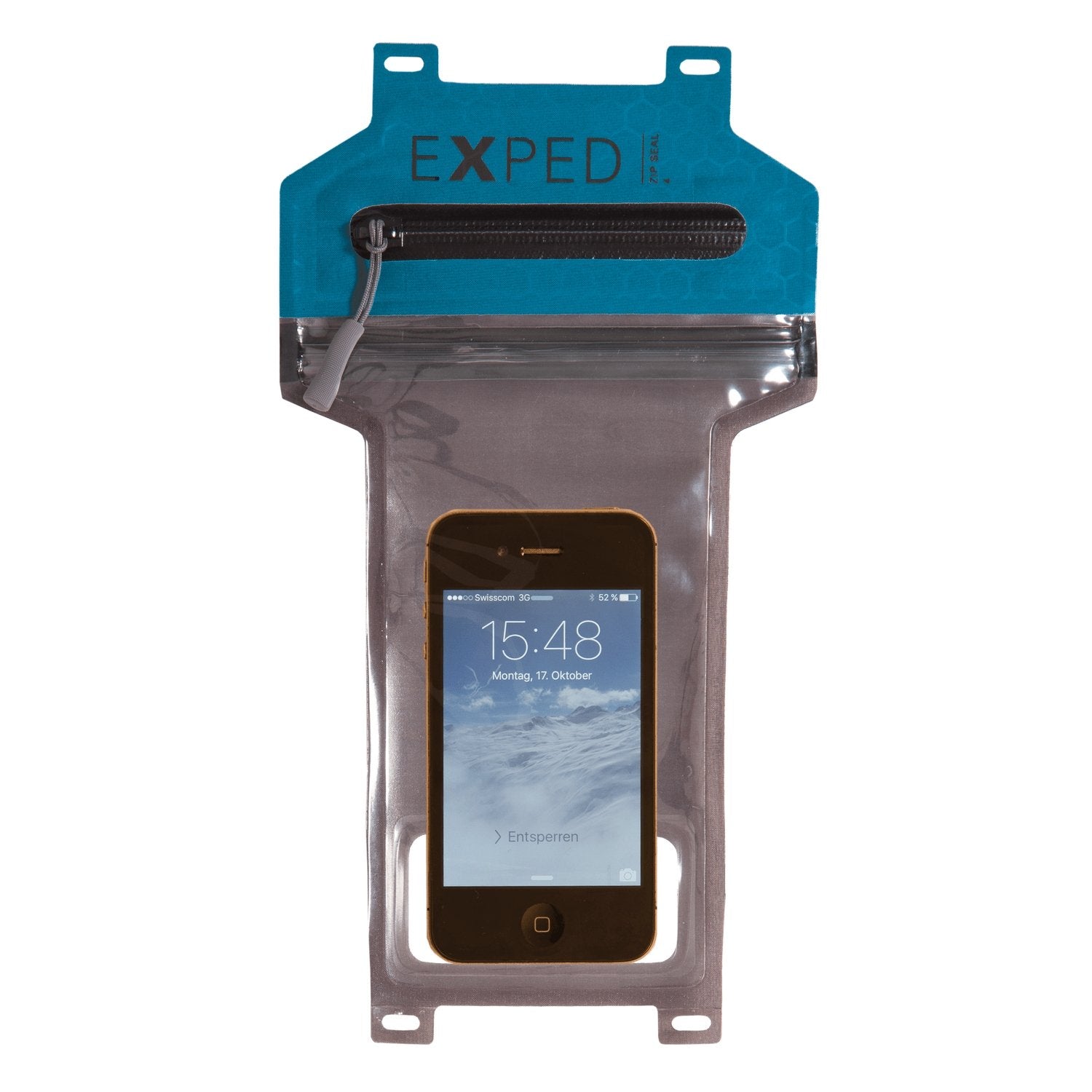 Die EXPED ZipSeal 4 ist eine transparente, wasserdichte Schutztasche mit blauem Deckel und ZipSeal 4-Verschluss, der das EXPED-Logo trägt. Sie schützt Ihr Smartphone auf stilvolle Weise, während der Bildschirm im Inneren der Tasche sichtbar bleibt.