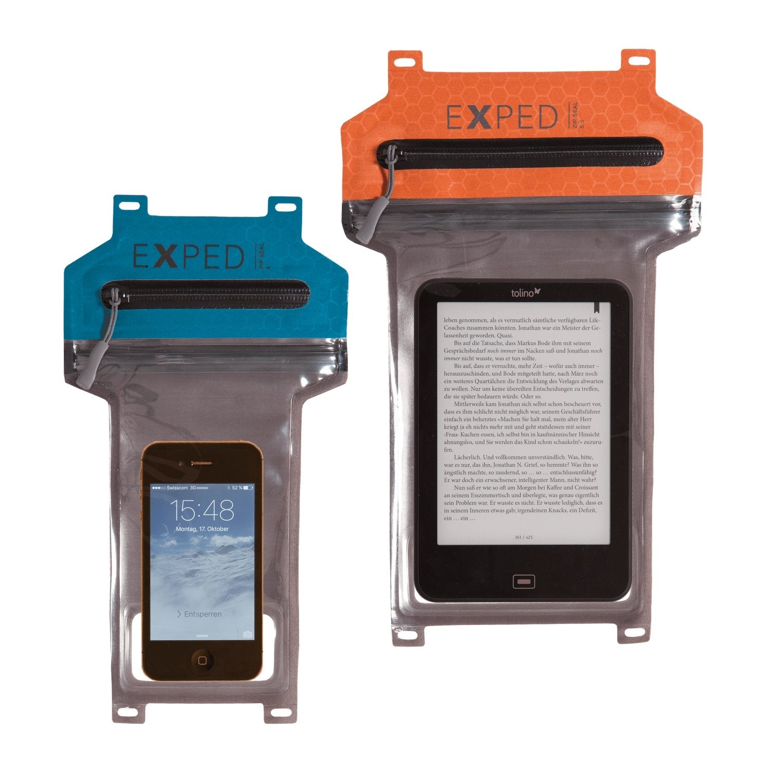 Schützen Sie Ihre Geräte mit den EXPED ZipSeal 4 wasserdichten Schutztaschen. Diese Taschen mit blauem oder orangefarbenem Deckel schützen Ihr Smartphone und Ihren E-Reader mit der fortschrittlichen ZipSeal 4-Technologie für stilvollen und zuverlässigen Schutz.