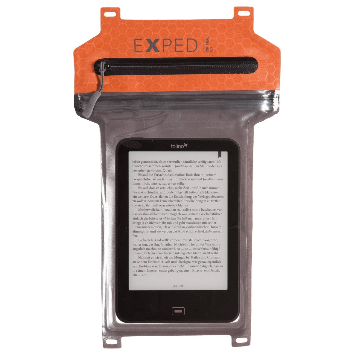 Ein schwarzer E-Reader mit deutschem Text befindet sich in einer EXPED ZipSeal 5.5 wasserdichten Schutztasche - einer durchsichtigen Tasche mit einem orangefarbenen EXPED-Etikett, einer Reißverschlusstasche und dem sicheren ZipSeal 5.5-Verschluss für zusätzlichen Schutz.