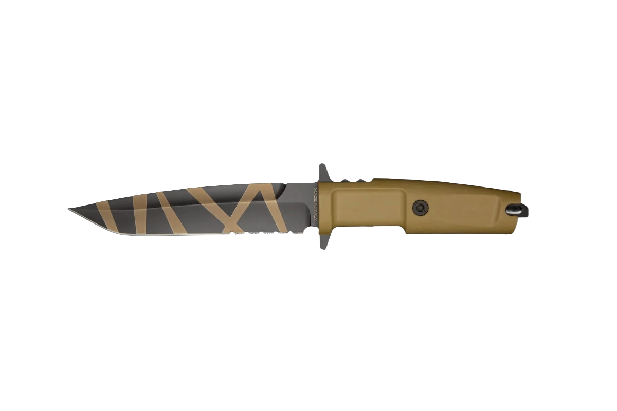 Das EXTREMA RATIO Messer COL Moschin Desert Warfare ist ein taktisches Messer mit hellbraunem Griff und teilweise gezahnter dunkler Klinge mit hellbraunen Wüstenstreifen auf weißem Grund.