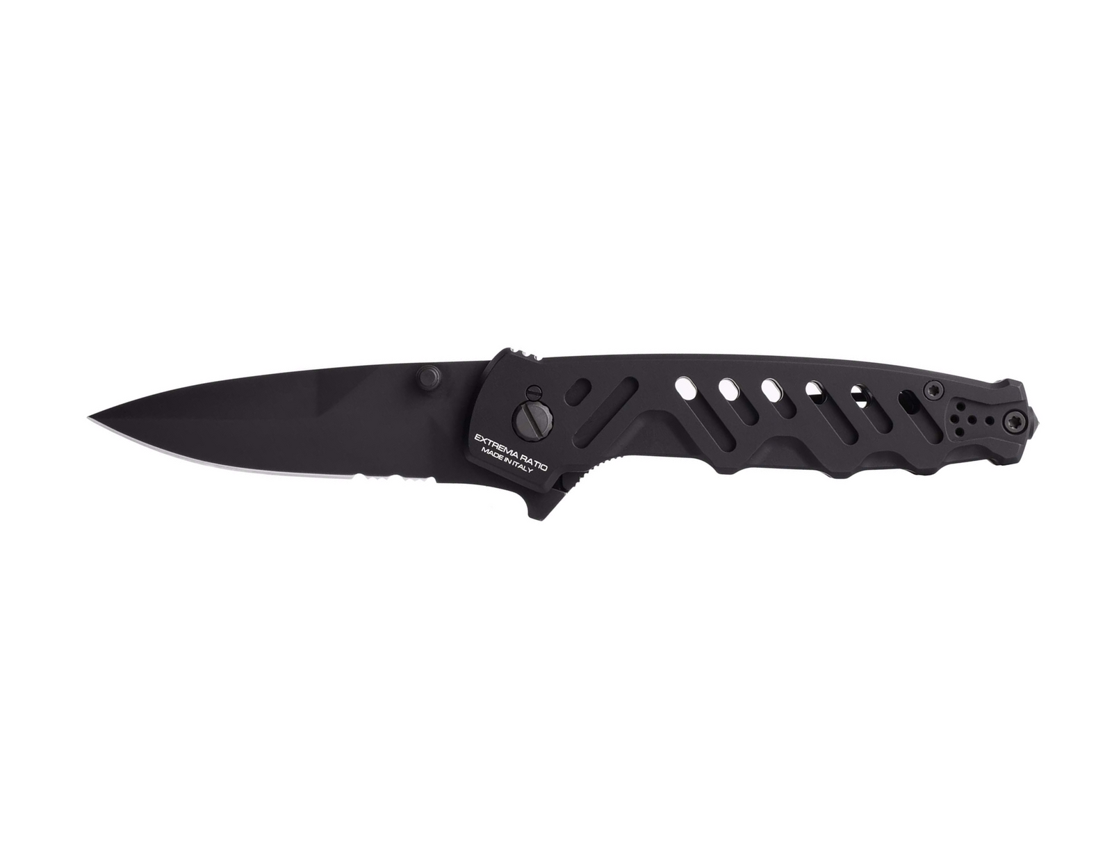 Das EXTREMA RATIO Messer Caimano Nero N.A. ist ein schwarzes Klappmesser mit einer teilweise gezahnten Klinge und einem strukturierten, ausgeschnittenen Griff - eine beeindruckende taktische Ergänzung für jede Sammlung.