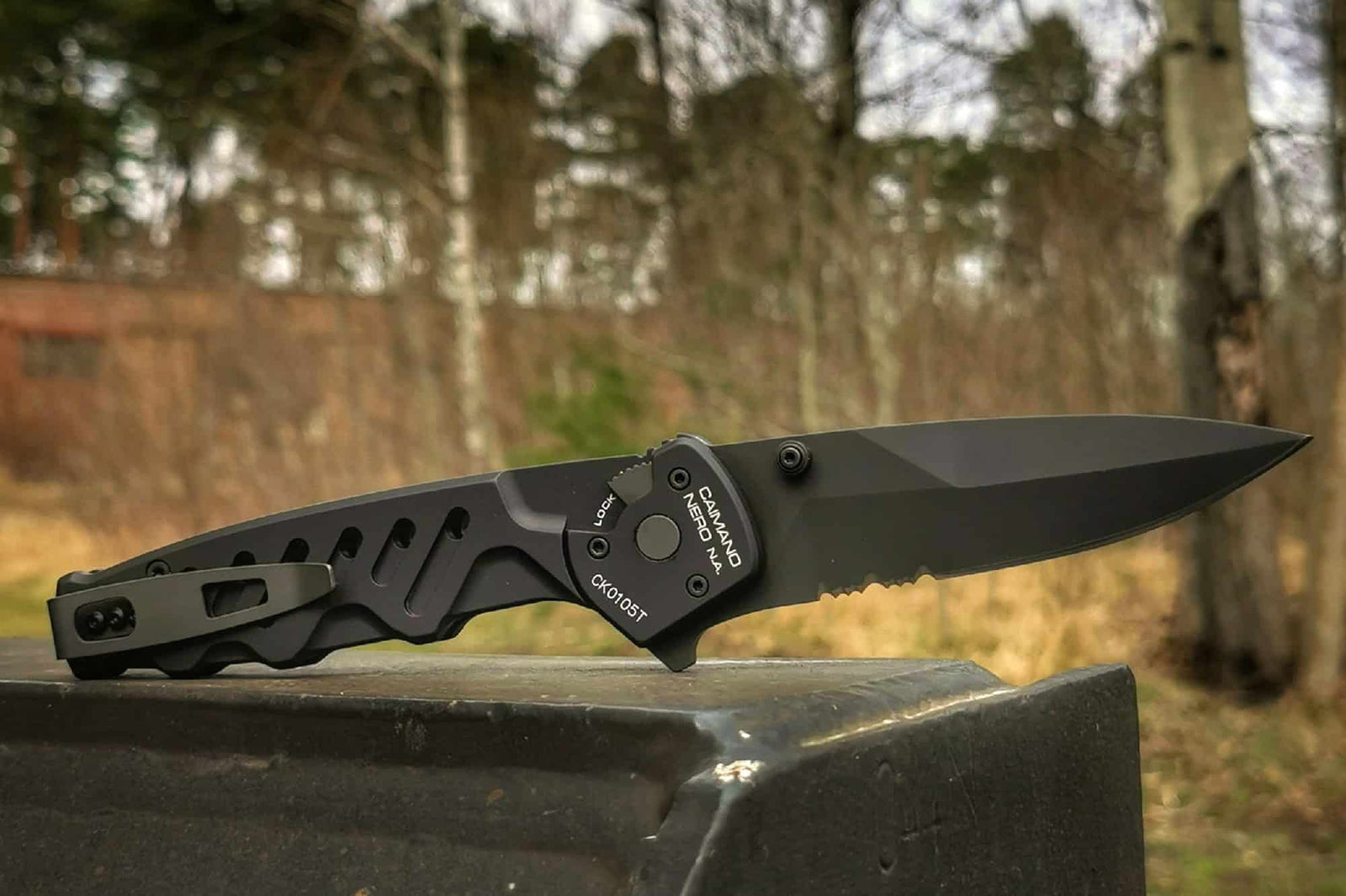 Ein EXTREMA RATIO Extrema Ratio Messer Caimano Nero N.A. Klappmesser mit teilgezahnter schwarzer Klinge liegt geöffnet auf einer Metallfläche im Freien, im Hintergrund sind unscharfe Bäume und trockenes Gras zu sehen.