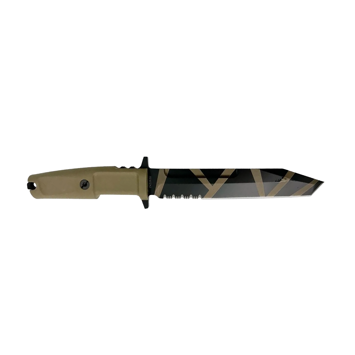 Das EXTREMA RATIO Messer Fulcrum Desert Warfare verfügt über einen hellbraunen Griff und eine schwarze Klinge mit kantigen hellbraunen Streifen und partiellem Wellenschliff im Bereich des Ansatzes, was es zu einem idealen Einsatzmesser für anspruchsvolle Missionen macht.