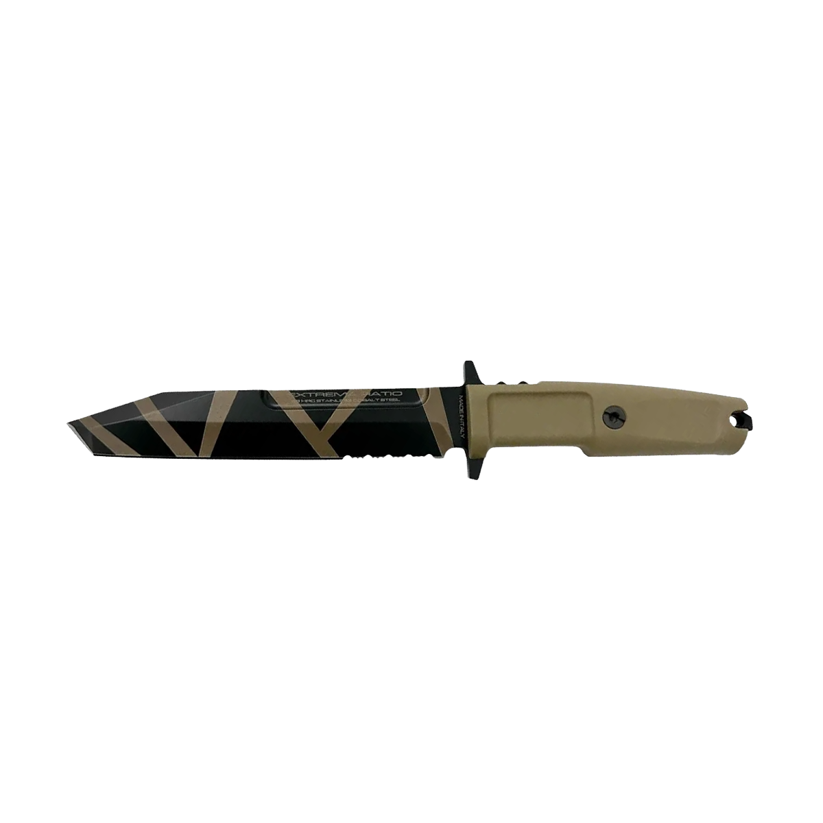 Das EXTREMA RATIO Extrema Ratio Messer Fulcrum Desert Warfare ist ein taktisches Messer mit hellbraunem Griff, schwarzer Klinge mit hellbraunen geometrischen Streifen, partiellem Wellenschliff und robuster Tanto-Spitze - ideal als Einsatzmesser für harte Situationen.