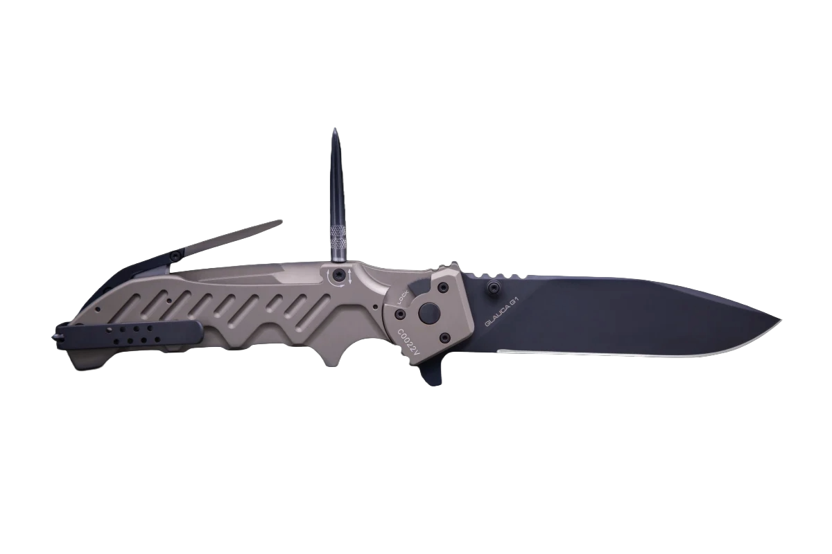 Das EXTREMA RATIO Extrema Ratio Messer Glauca G1 besitzt eine offene schwarze Böhler N690 Stahl-Klinge, einen tan texturierten Griff, verlängerten Stahl-Dorn und integrierte Tools.