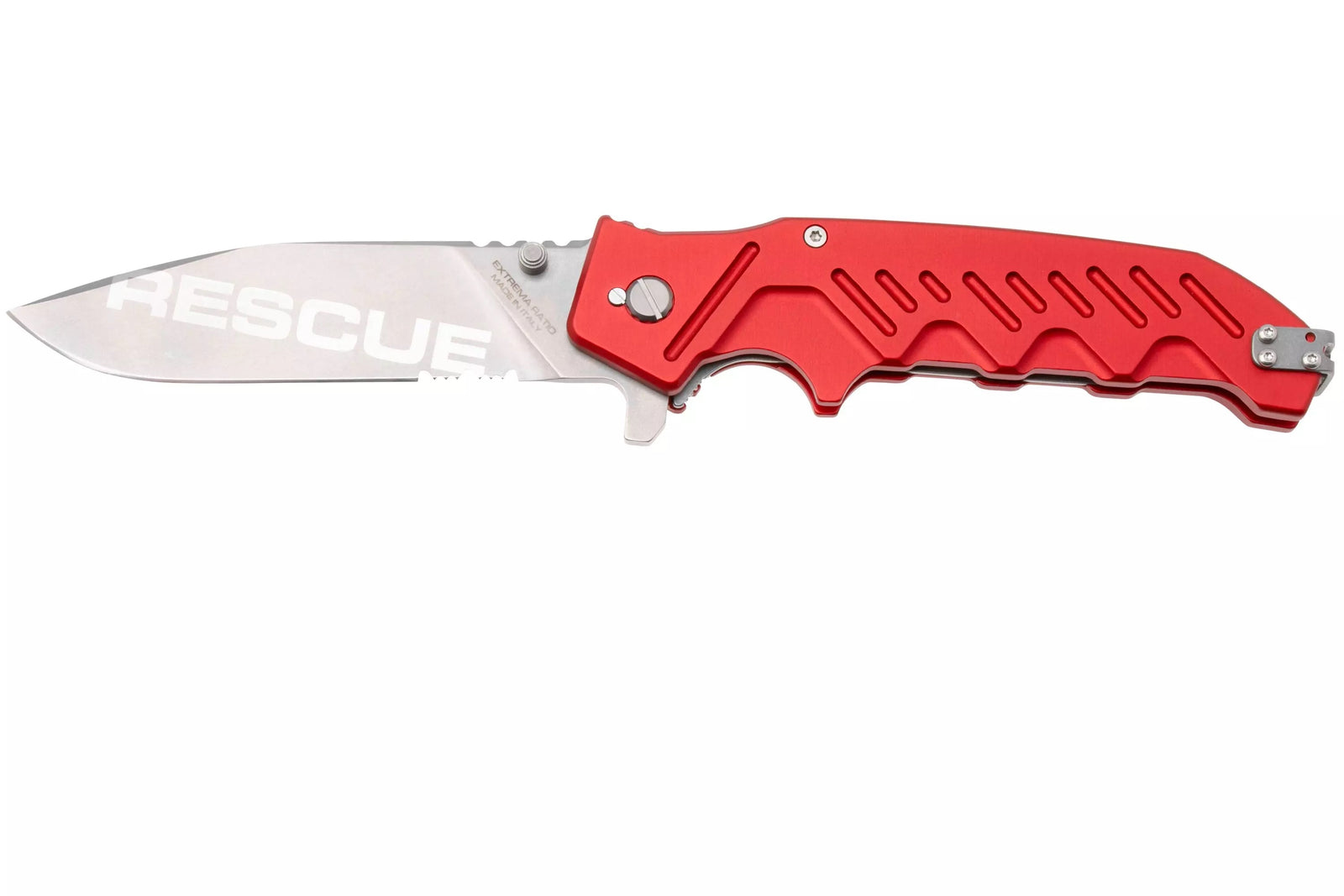 Ein faltbares EXTREMA RATIO Extrema Ratio Messer Glauca G1 Rescue mit rotem Griff und silberner Klinge, auf der "RESCUE" eingraviert ist, inspiriert vom Glauca G1 Rescue Design.