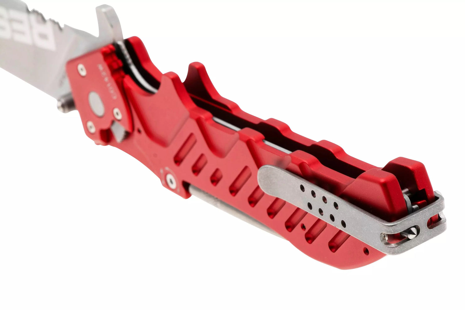 Nahaufnahme eines EXTREMA RATIO Extrema Ratio Messer Glauca G1 Rescue Klappmessers mit teilweise geöffneter Edelstahlklinge und silbernem Metalltaschenclip am strukturierten Griff.