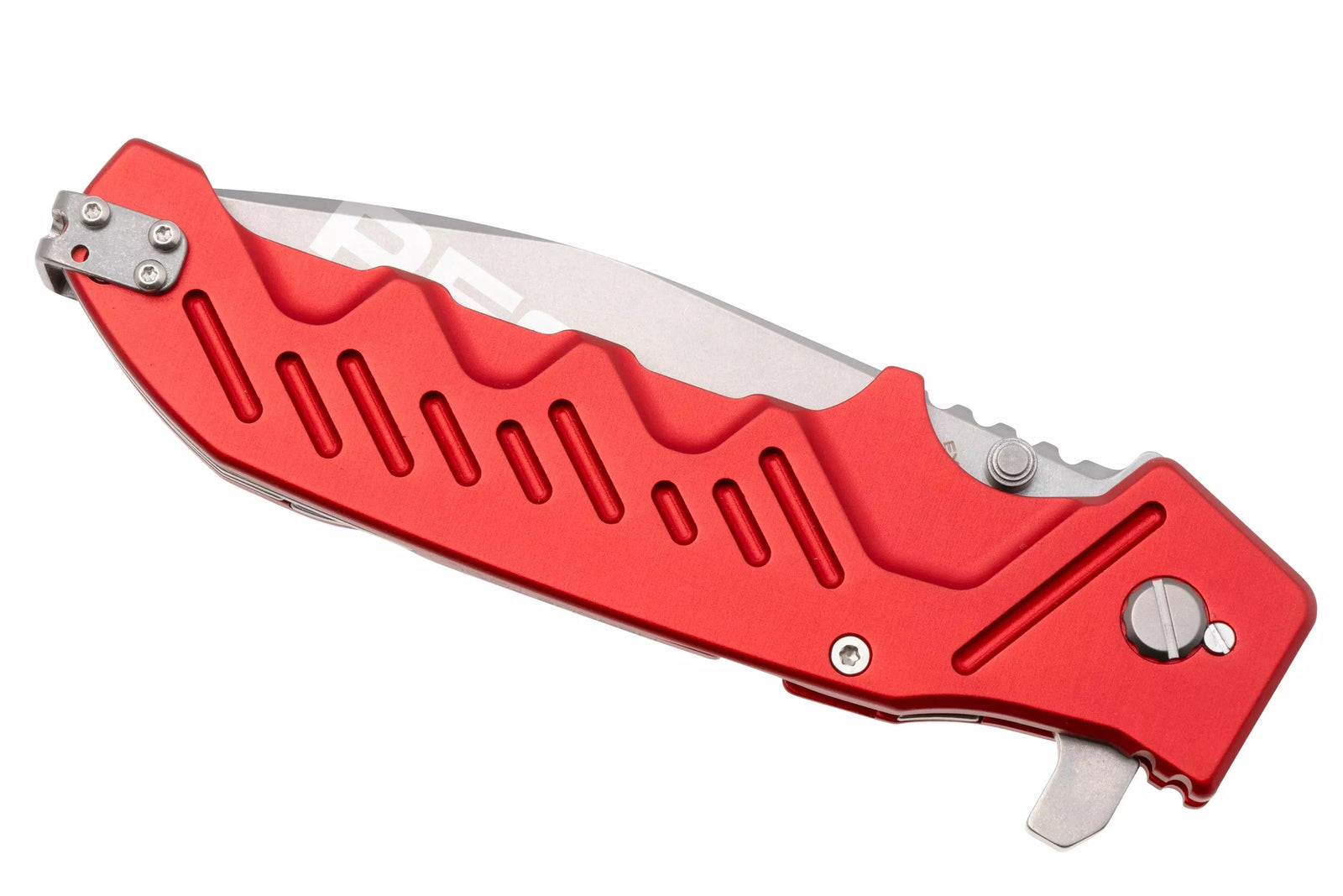 Das EXTREMA RATIO Messer Glauca G1 Rescue ist ein klappbares Taschenmesser mit einer silbernen Klinge und einem strukturierten roten Griff mit Rillen und kantigen Aussparungen, inspiriert von der Funktionalität der Einsatzmesser.
