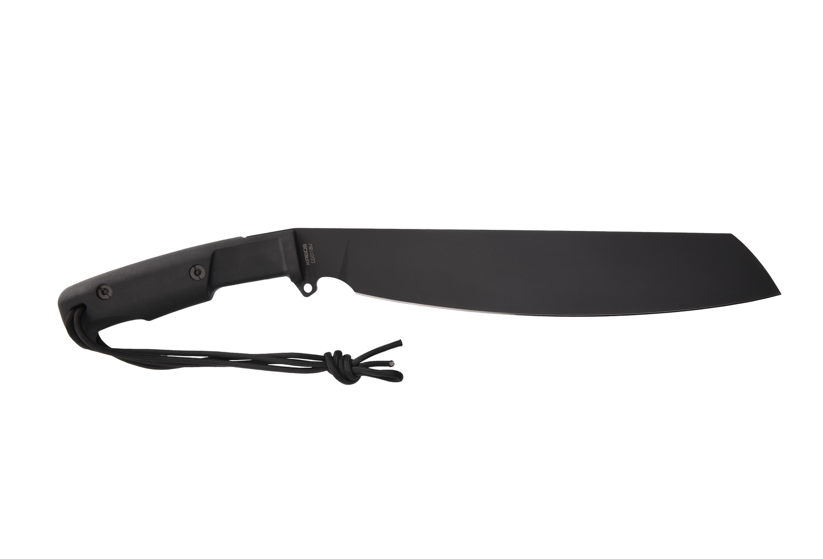 Das Extrema Ratio Messer Kreios von EXTREMA RATIO, eine große, schwarze Outdoor-Machete mit breiter Klinge und schwarzem Griff mit Umhängekordel, ist auf einem schlichten weißen Hintergrund abgebildet.