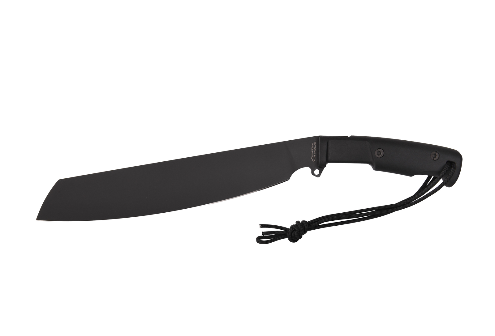 Eine große, schwarze EXTREMA RATIO Messer Kreios Outdoor-Machete mit dicker Klinge und schwarzem Griff, an dessen Ende sich eine Kordel befindet, ist auf einem schlichten weißen Hintergrund abgebildet.