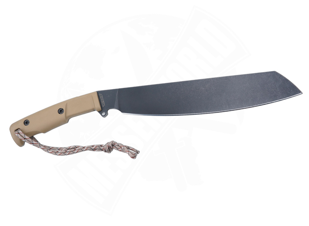 Die EXTREMA RATIO Messer Kreios Expedition ist eine große Outdoor-Machete mit hellbraunem Griff, schwarzer Böhler N690-Klinge und einem mehrfarbigen Lanyard auf weißem Hintergrund.