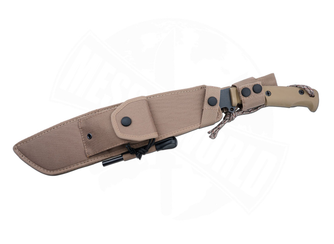 Das EXTREMA RATIO Kreios Expedition ist ein hellbraunes Messer mit feststehender Klinge in einer passenden Scheide mit Schnappverschlüssen, Feuerstarter und Paracord-Lanyard, abgebildet auf weißem Hintergrund.