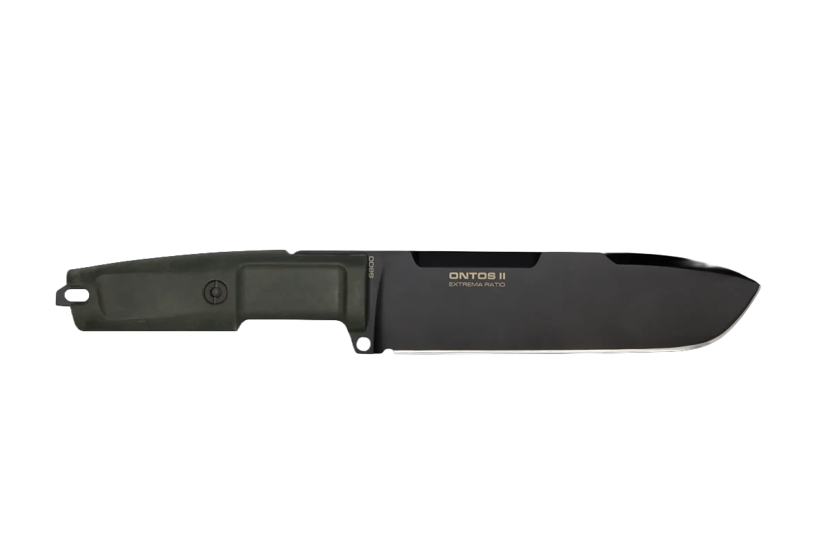 Das EXTREMA RATIO Messer Ontos II S600 Black verfügt über eine schwarz beschichtete Klinge im Tanto-Stil und einen olivgrünen Polymer-Griff, der auf weißem Hintergrund abgebildet ist.