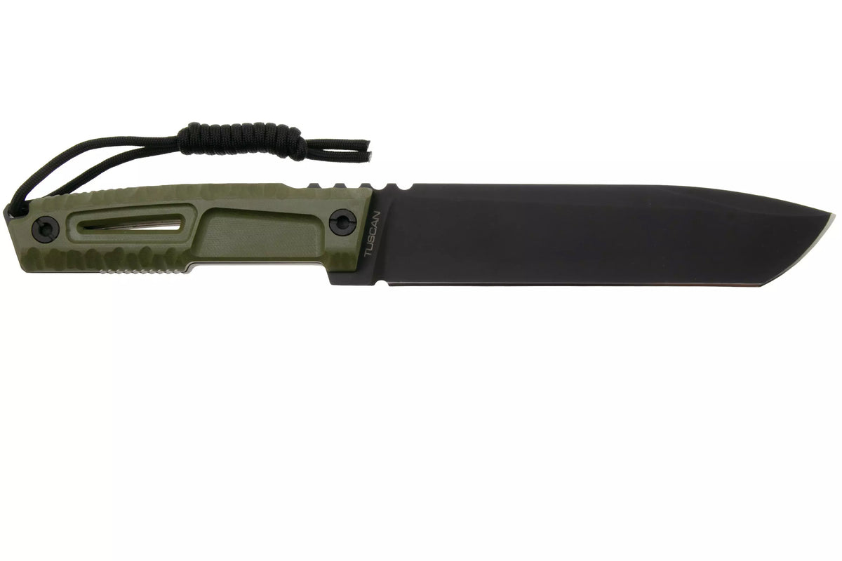 Das EXTREMA RATIO Extrema Ratio Messer Tuscan Green ist ein feststehendes Messer mit schwarzer Böhler N690 Stahlklinge, olivgrünem strukturiertem Griff und schwarzem Kordelband - ideal als taktisches Einsatzmesser.