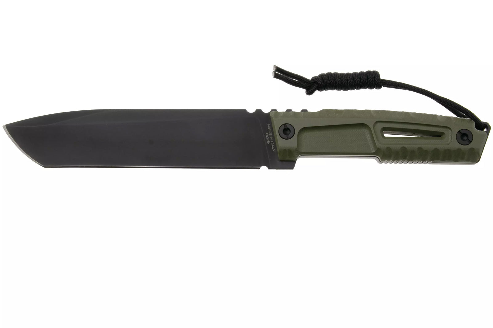 Das Extrema Ratio Messer Tuscan Green ist ein feststehendes Messer von EXTREMA RATIO mit einer schwarzen Tanto-Klinge von Böhler N690, olivgrünem, strukturiertem Griff mit Schrauben und schwarzem Paracord-Lanyard. Hergestellt in Italien.