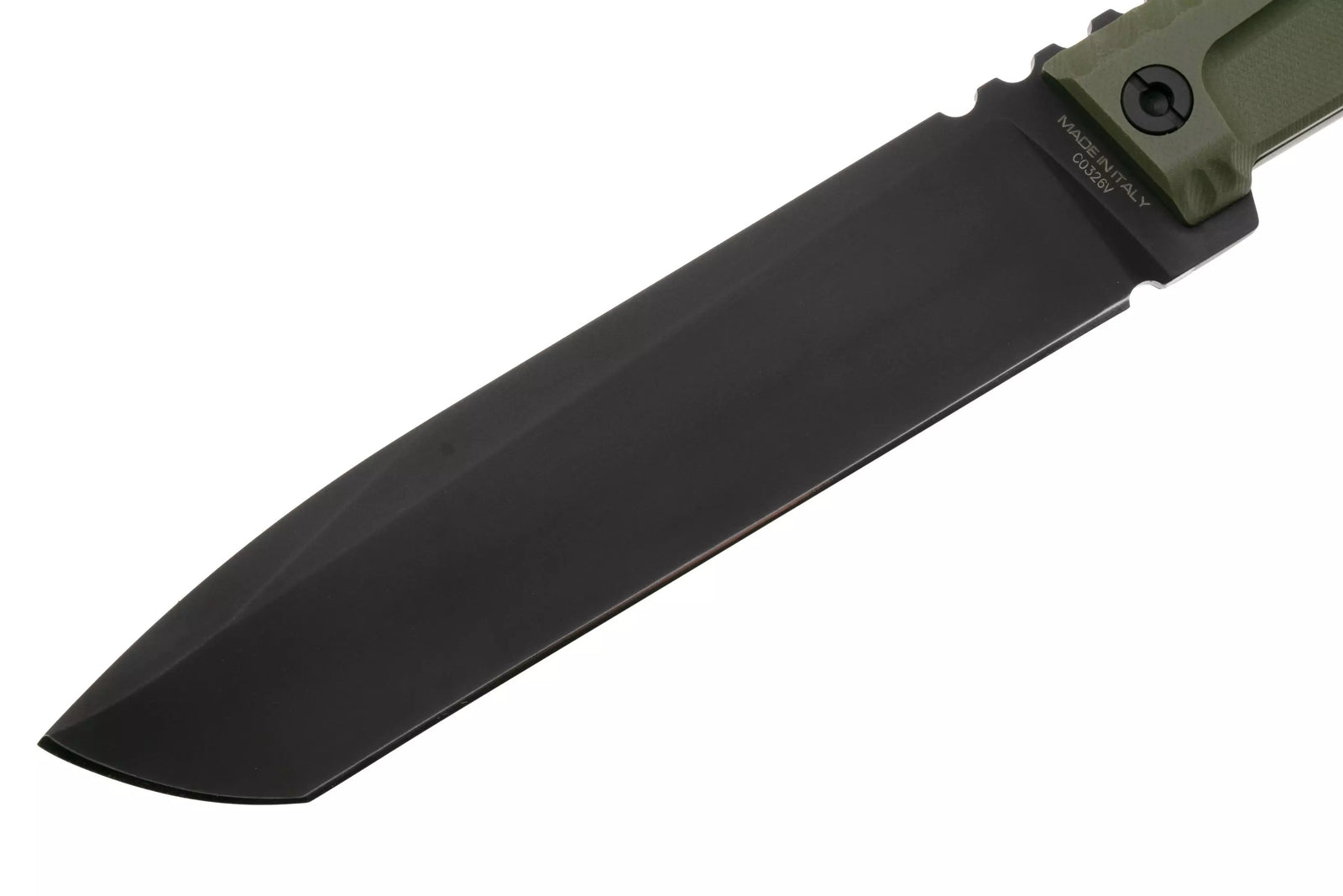 Eine Nahaufnahme des EXTREMA RATIO Messer Tuscan Green mit einer großen Böhler N690 Stahlklinge und grünem Griff, fotografiert vor einem weißen Hintergrund.