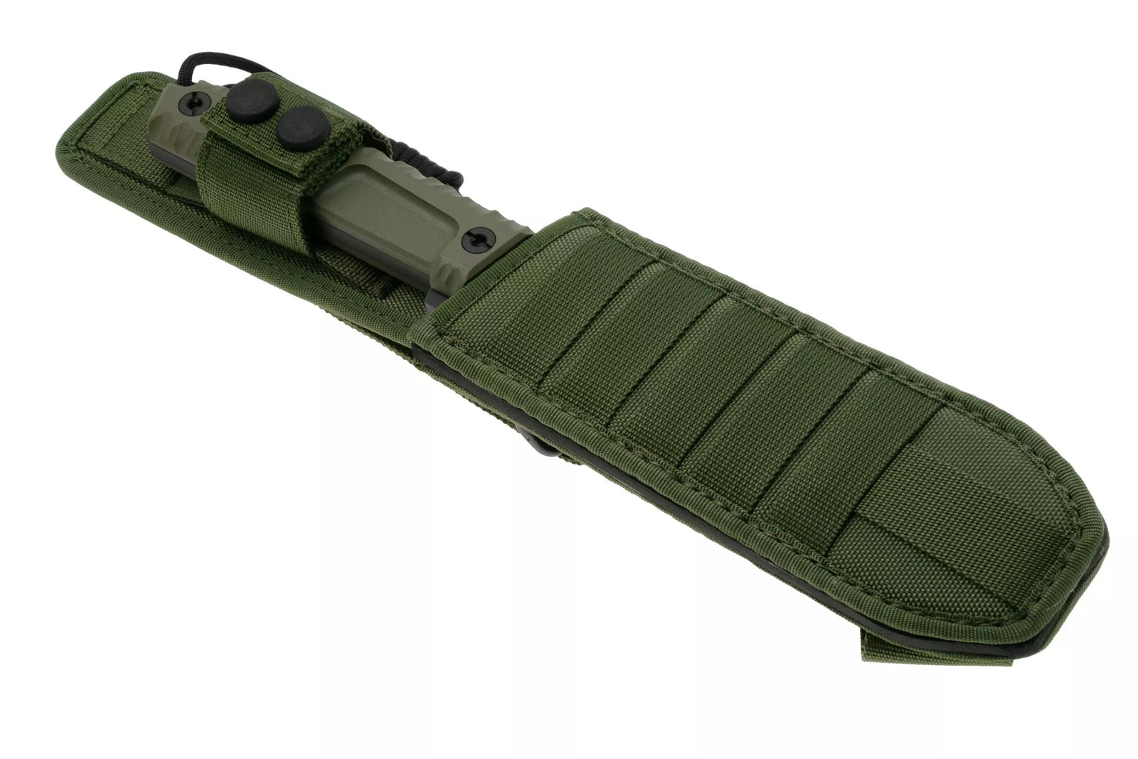 Das EXTREMA RATIO Messer Tuscan Green ist ein taktisches Messer aus Böhler N690 Stahl mit grünem Griff und passender Stoffscheide mit Druckknöpfen und vernähten Schlaufen, ideal für den Outdoor- oder Militäreinsatz.