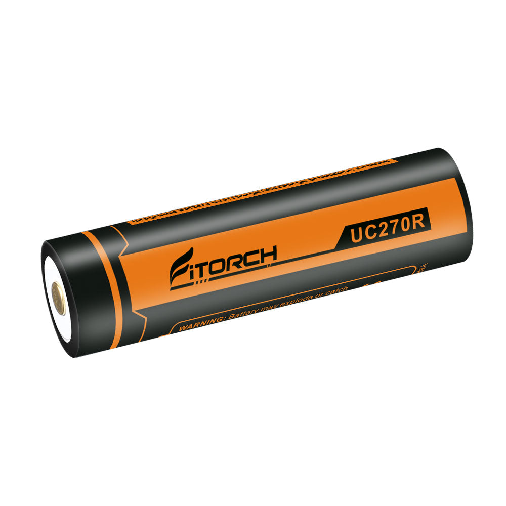 Der FITORCH Akku 21700 ist ein zylindrischer Akku mit schwarzer und oranger Beschriftung, die den Markennamen und das Modell zeigt. Diese 5000mAh Zelle ist kompatibel mit EA25 und verfügt über sichtbare positive und negative Pole.