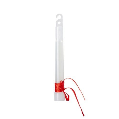 Der HELIKON-TEX Lightstick 6" - Red ist ein zylindrischer Leuchtstab aus weißem Kunststoff mit einem Haken an der Oberseite und einer roten Schnur, die um die Basis gewickelt ist, wobei zwei lose Enden herunterhängen.