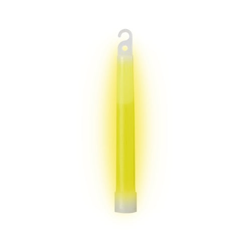 Der HELIKON-TEX Lightstick 6" - Yellow strahlt gelbes Licht aus und ist mit einem Kunststoffhaken zum Aufhängen versehen, der auf einem schlichten weißen Hintergrund abgebildet ist.