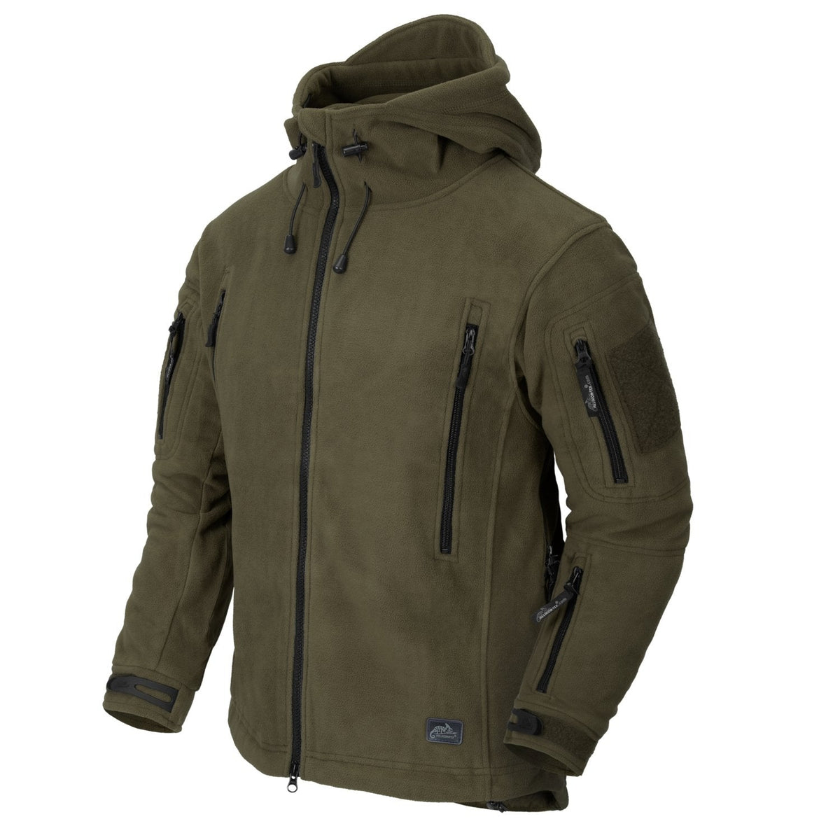 Die HELIKON-TEX Patriot Jacket Double Fleece in Olivgrün verfügt über eine Kapuze, mehrere Brust-, Arm- und Seitentaschen mit Reißverschluss, Ärmelaufnäher mit Klettverschluss, verstellbare Ärmelbündchen, einen durchgehenden Frontreißverschluss und bietet Wärme und Haltbarkeit.