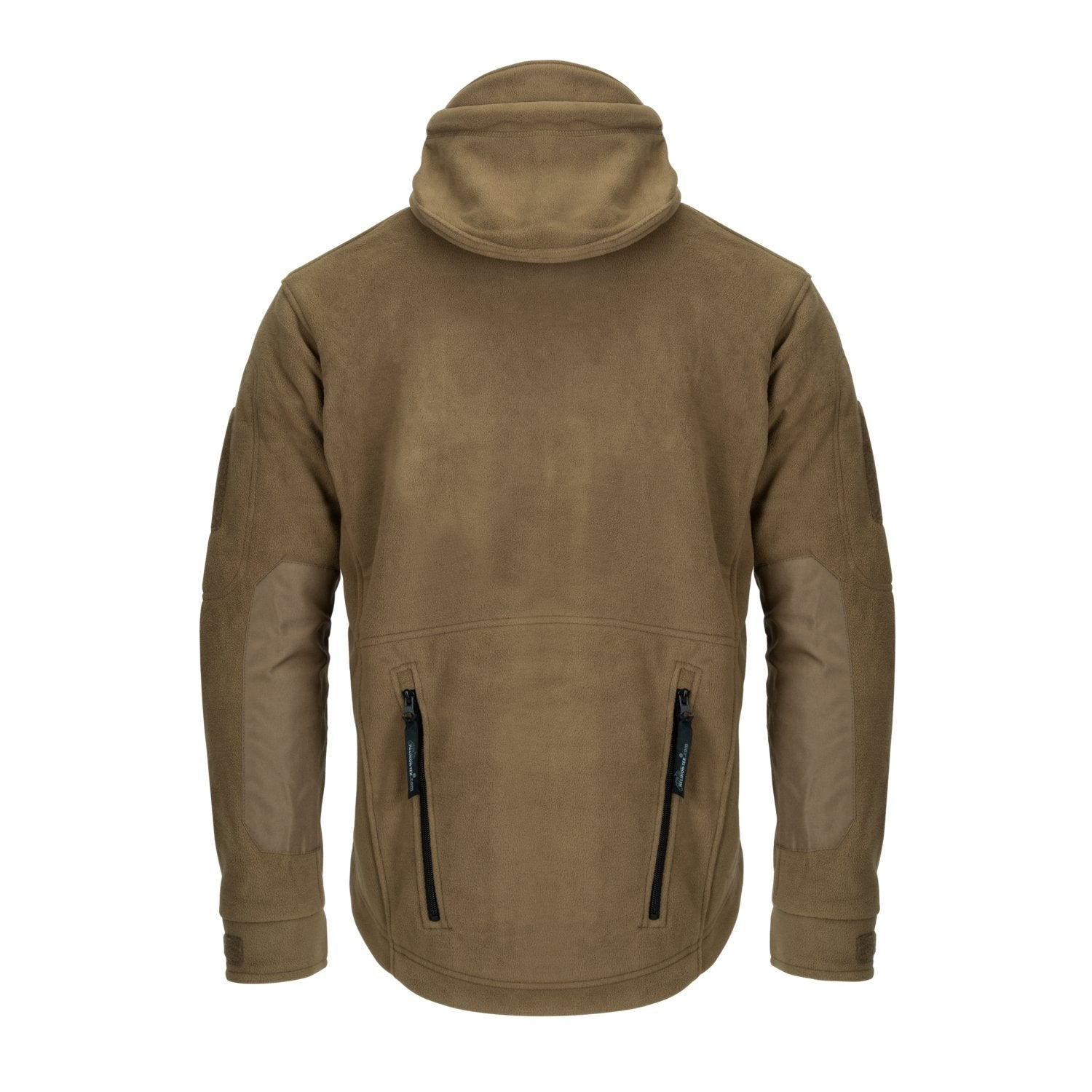 Die olivgrüne HELIKON-TEX Patriot Jacket Double Fleece wird von hinten gezeigt. Sie hat lange Ärmel, zwei Reißverschlusstaschen an den unteren Seiten und verstärkte Ellbogen.