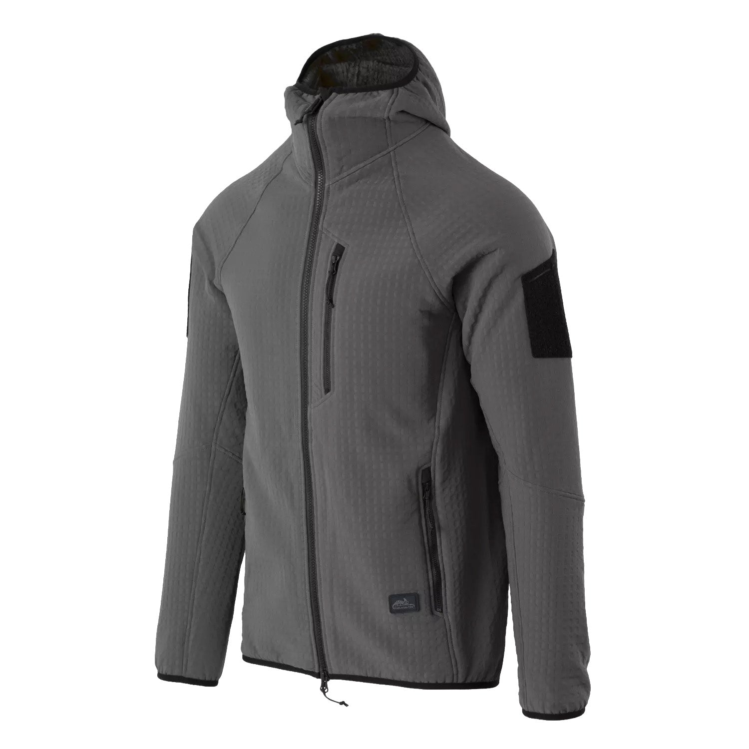 Die HELIKON-TEX Patriot PRO Fleece - Shadow Grey ist eine sportliche Jacke mit Kapuze und durchgehendem Reißverschluss, strukturiertem Material, einer Brusttasche, zwei Seitentaschen, einem Aufnäher am linken Ärmel und verstellbaren Kordelzügen am Saum.