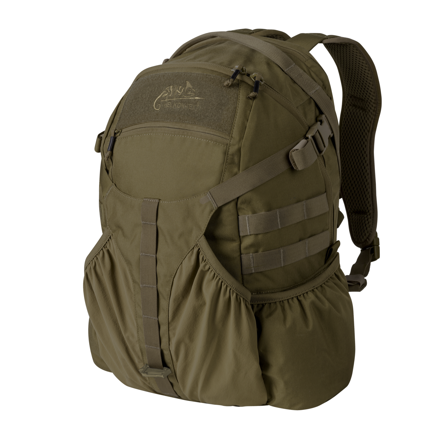 Der HELIKON-TEX Raider Backpack® in Adaptive Green, Größe Large, verfügt über mehrere Taschen, verstellbare und gepolsterte Gurte, seitliche Netztaschen und ein vielseitiges Einsatzsystem. Abgebildet auf einfarbig weißem Hintergrund.