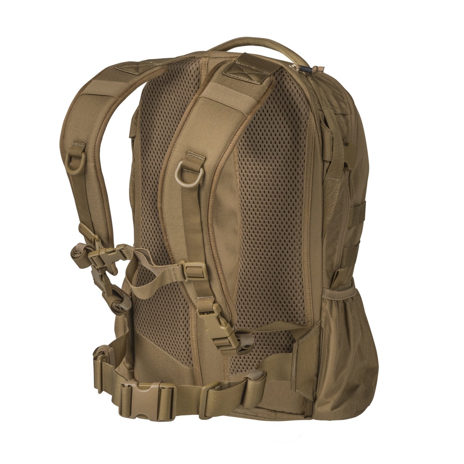 Der HELIKON-TEX Raider Backpack® in tan Coyote verfügt über gepolsterte Schultergurte, einen Hüftgurt, Netzpolsterung am Rücken, mehrere Fächer, Seitentaschen, Befestigungspunkte und ein vielseitiges Einsatzsystem für den Outdoor- oder Militäreinsatz.