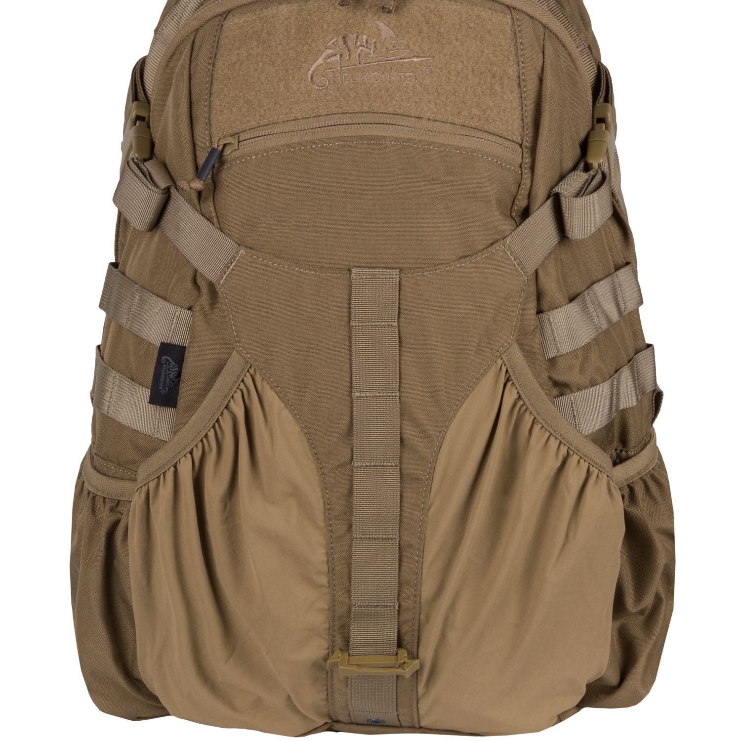 Der HELIKON-TEX Raider Backpack® in Hellbraun verfügt über mehrere Fächer, MOLLE-Gewebe, elastische Seitentaschen, einen Reißverschluss an der Oberseite, ein vielseitiges Einsatzsystem, strapazierfähiges Material und ein aufgenähtes Logo an der Oberseite.