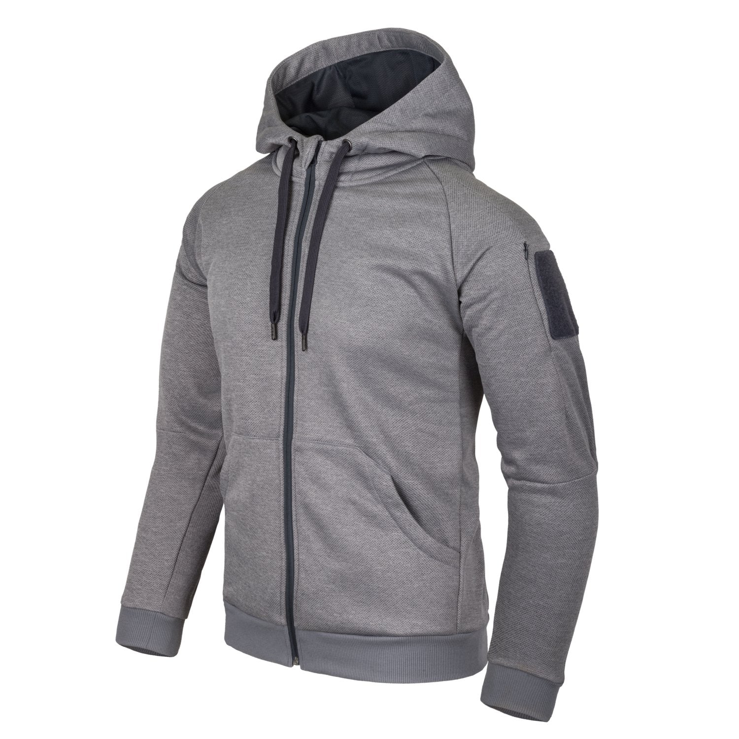 Der HELIKON-TEX Urban Tactical Hoodie (FullZip)® in Melange Grey hat einen hellgrauen Reißverschluss, schwarze Kordelzüge, Vordertaschen und einen kleinen Ärmelaufnäher auf weißem Hintergrund.