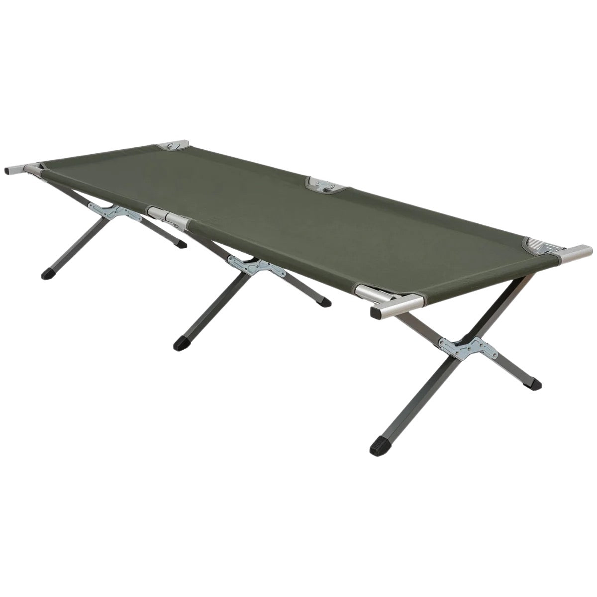 Das Highlander Aluminium Feldbett von HIGHLANDER FORCES besteht aus grünem Stoff, einem silbernen Aluminiumrahmen und drei gekreuzten Beinen mit schwarzen Fußkappen - ein ideales tragbares und faltbares Campingbett für Outdoor-Abenteuer.