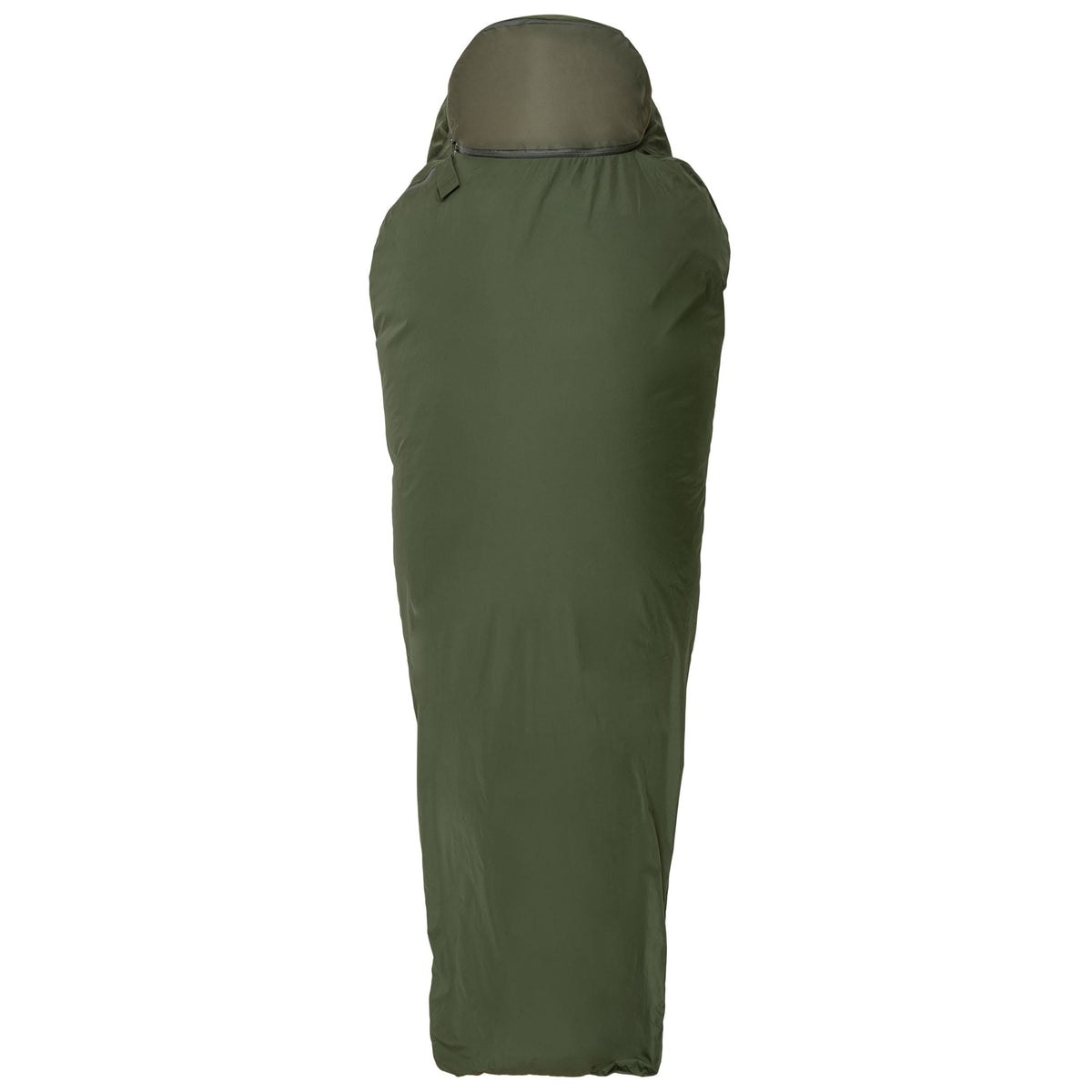 Ein grüner, wasserdichter Mumienschlafsack mit Kapuze, aufrecht und mit Reißverschluss, von vorne gesehen - ideal für die Kombination mit dem HIGHLANDER FORCES Highlander Biwaksack Hawk Bivy Bag.