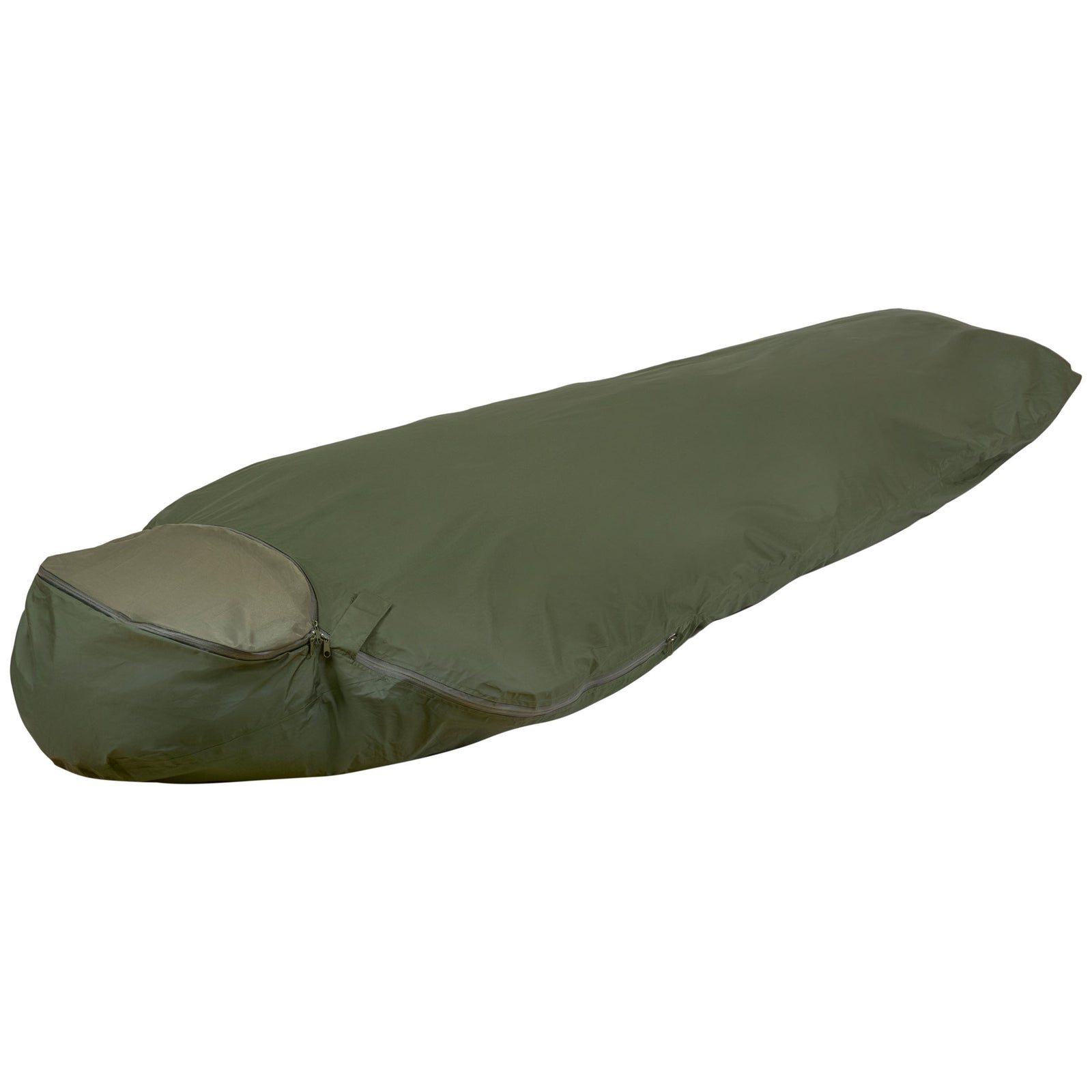 Der HIGHLANDER FORCES Highlander Biwaksack Hawk Bivy Bag, ein grüner Mumienschlafsack mit abgerundeter Kapuze, ist mit einem Reißverschluss versehen und flach auf weißem Grund abgebildet - ideal für Outdoor-Abenteuer und wasserdichten Schutz.