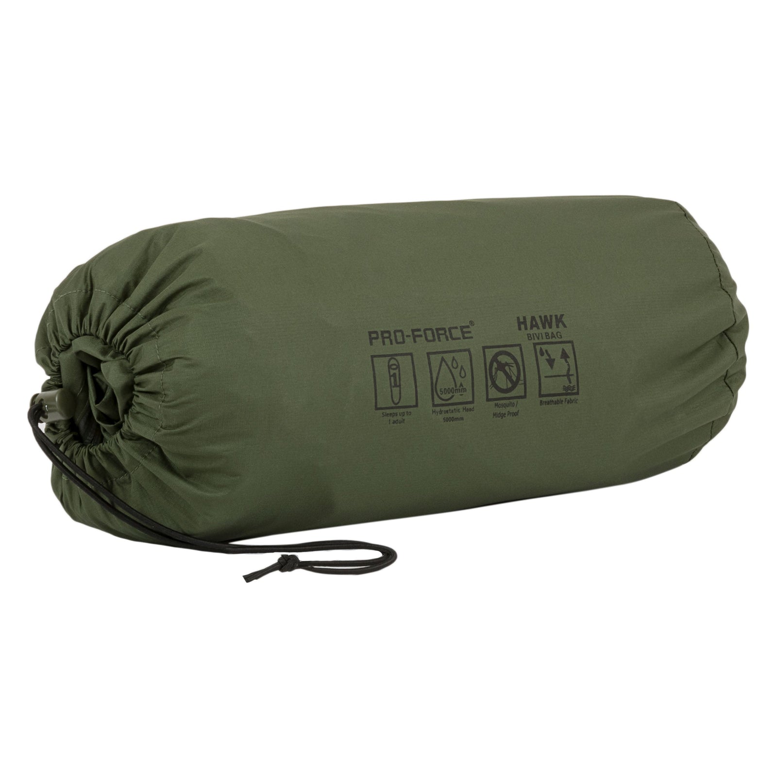 Der Highlander Biwaksack Hawk Bivy Bag von HIGHLANDER FORCES kommt in einem olivgrünen Kordelzug-Sack, mit Icons für Einzelbelegung, 5000mm Wasserdichtigkeit, Moskito/Mückenschutz und atmungsaktivem Material - Ihr perfekter Outdoor-Begleiter.