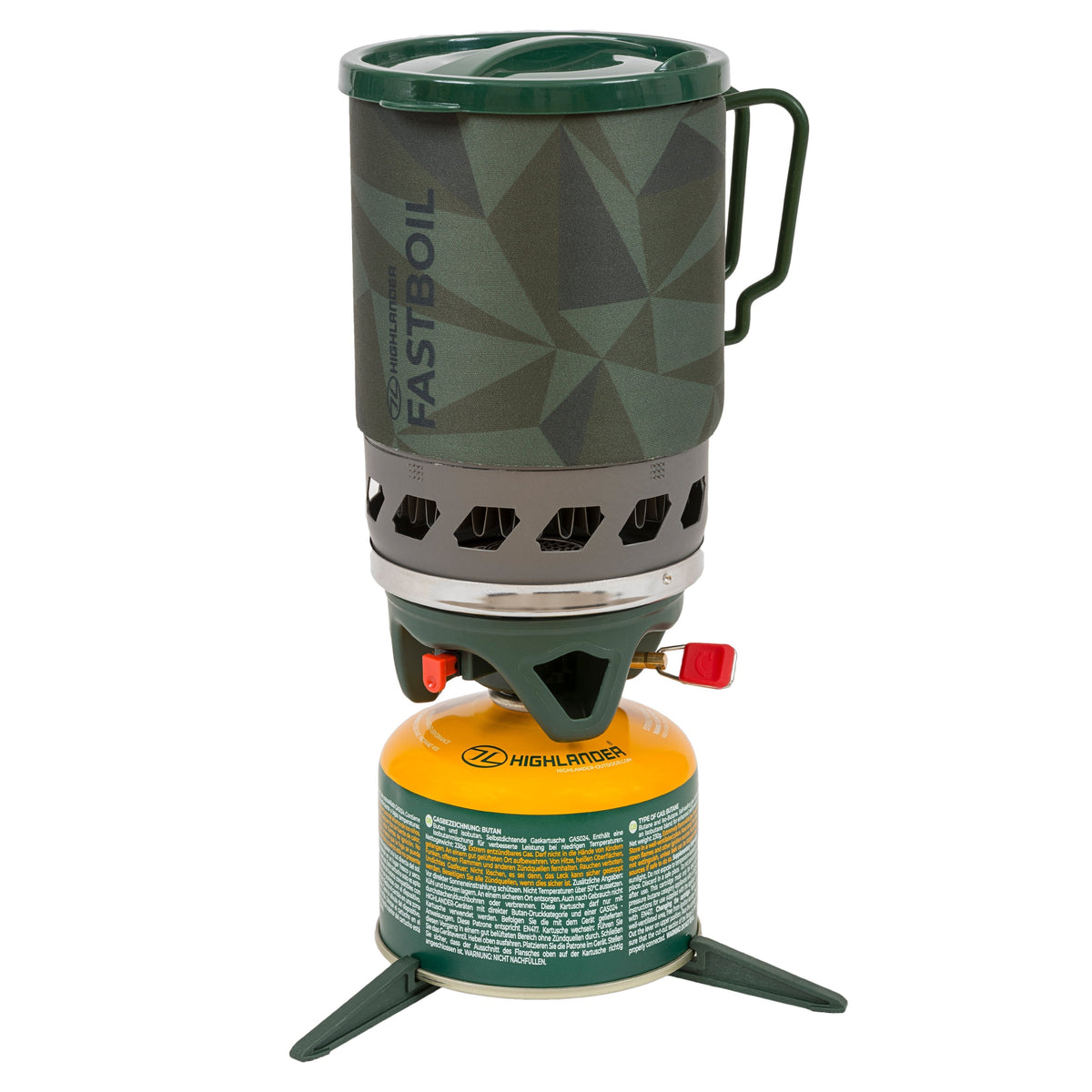 Der HIGHLANDER FORCES Highlander Camping Gaskocher Blade Fast Boil 3 mit einem geometrisch gemusterten Topf sitzt auf einer gelben Gaskartusche und hat drei stabile Beine - ideal für schnelle Mahlzeiten bei Outdoor-Abenteuern.