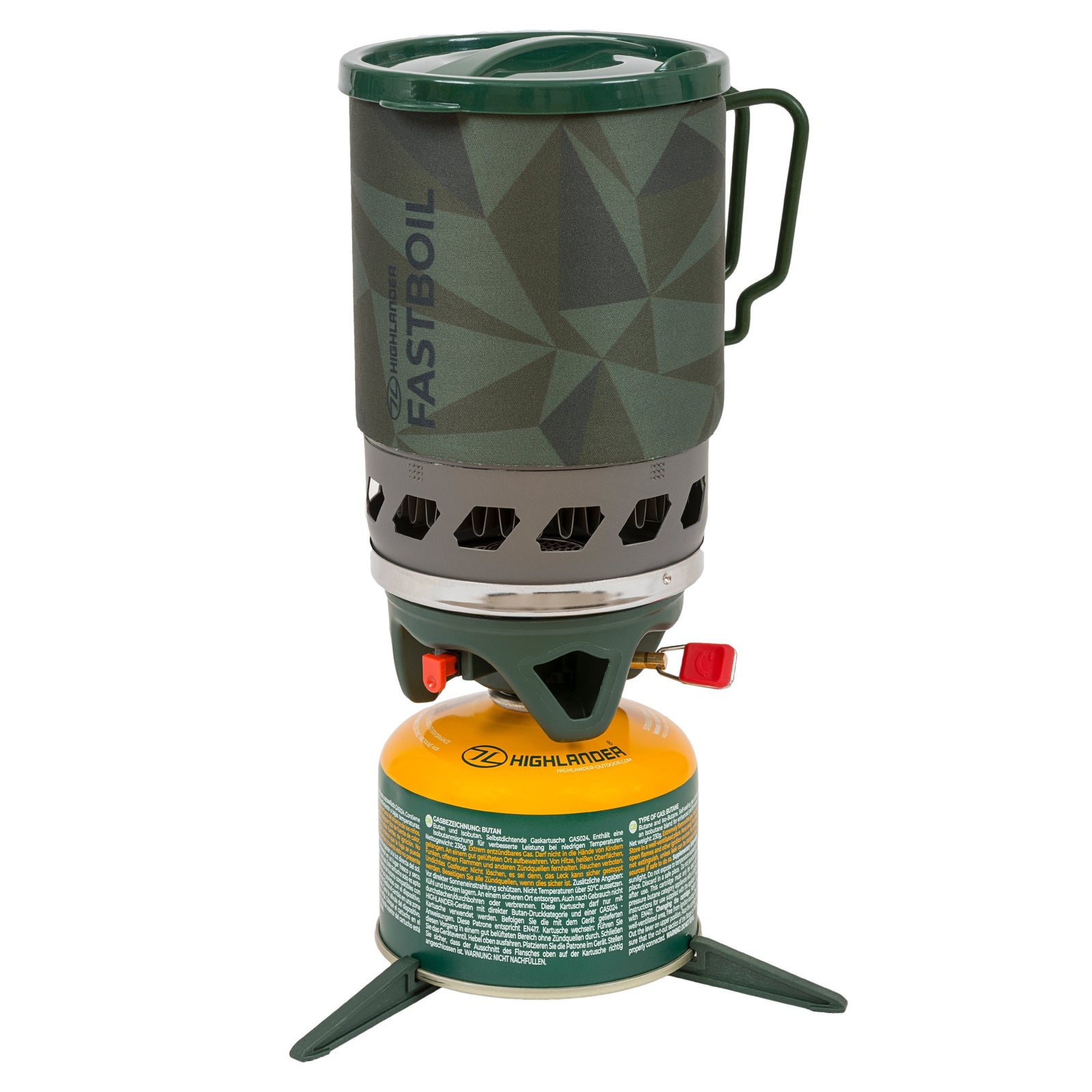 Der HIGHLANDER FORCES Highlander Camping Gaskocher Blade Fast Boil 3 mit einem geometrisch gemusterten Topf sitzt auf einer gelben Gaskartusche und hat drei stabile Beine - ideal für schnelle Mahlzeiten bei Outdoor-Abenteuern.
