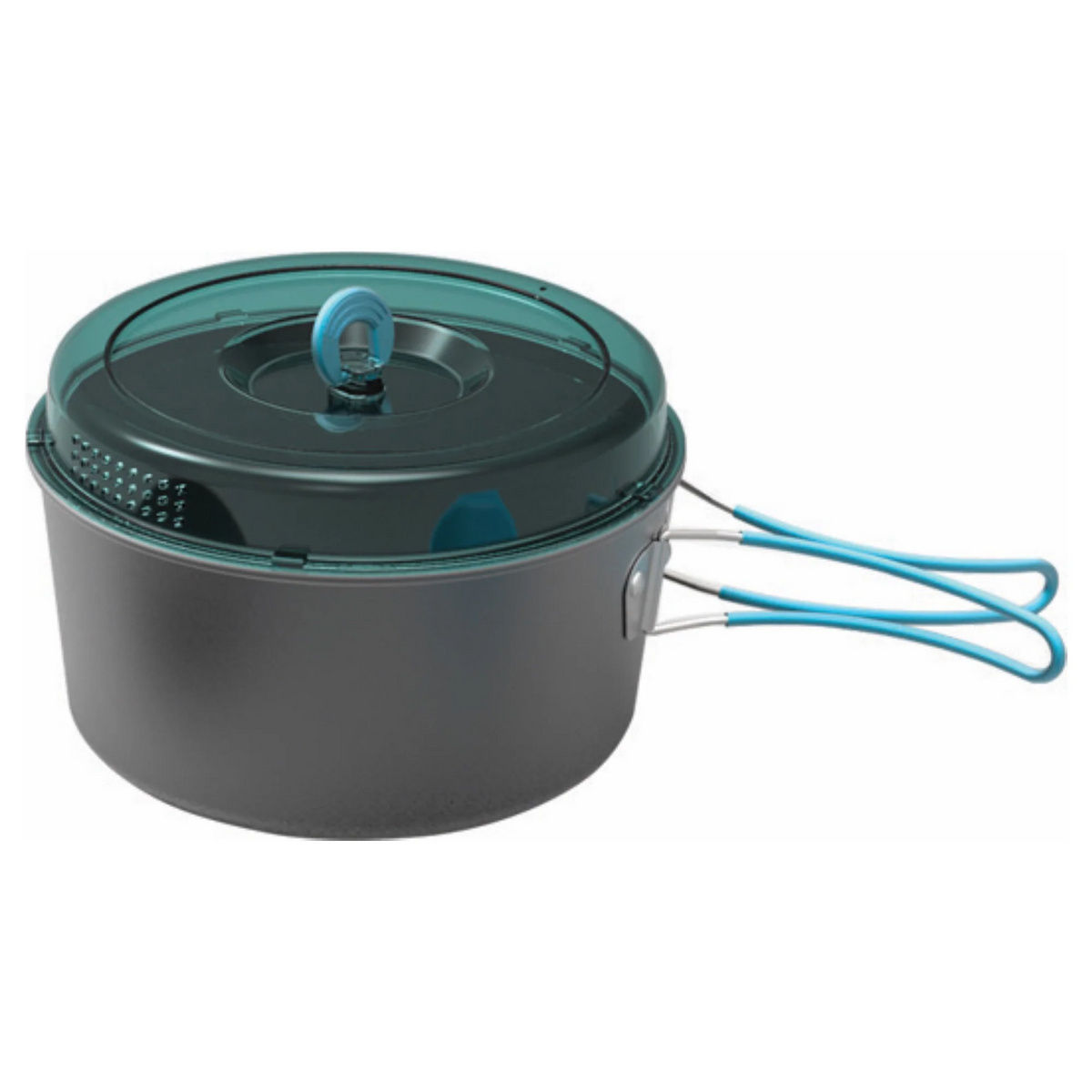 Der Highlander Camping Kochtopf von HIGHLANDER OUTDOOR ist ein schwarzer, harteloxierter Aluminiumtopf mit blauem Klappgriff und passendem Deckel mit Sieb und rundem Knauf, der für Leichtbau und Komfort auf Ihren Abenteuern konzipiert ist.