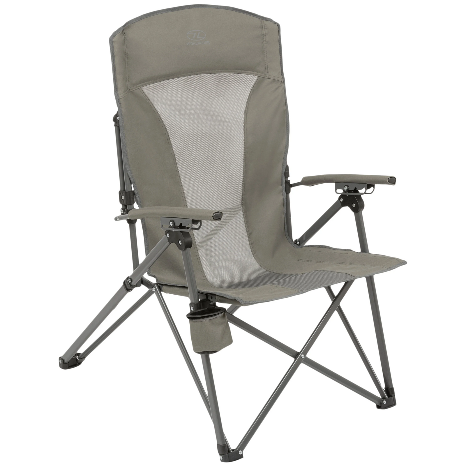 Der HIGHLANDER OUTDOOR Highlander Campingstuhl Balvenie in Grau mit Armlehnen, Netzrückenlehne, Becherhalter für das rechte Bein und stabilem Metallgestell ist auf weißem Hintergrund abgebildet.