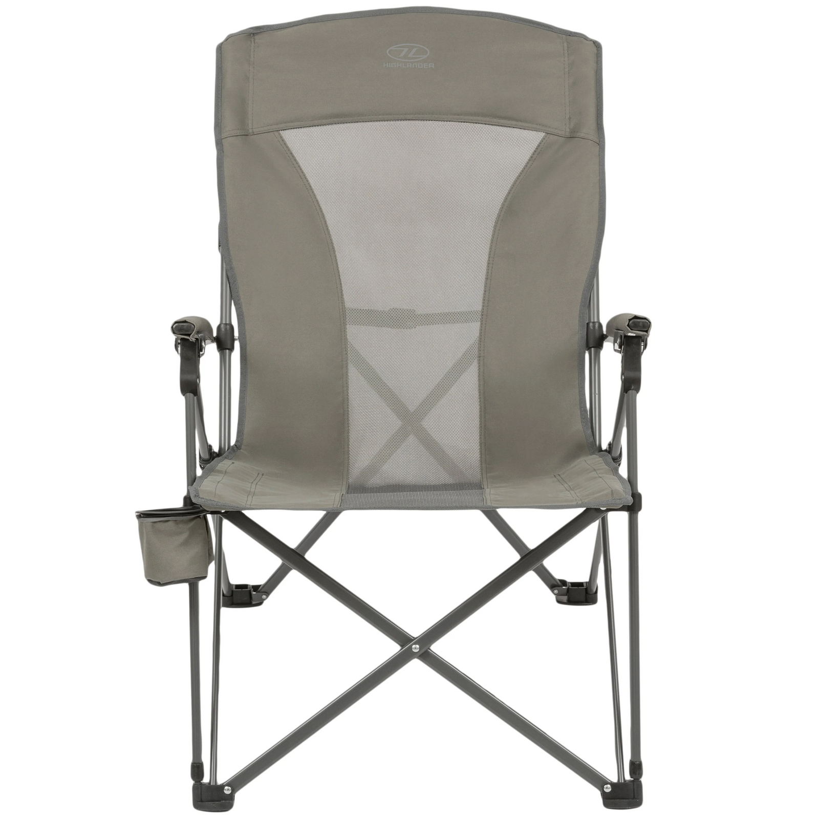 Ein grauer HIGHLANDER OUTDOOR Campingstuhl Balvenie mit Netzrückenlehne, Armlehnen und einem Becherhalter am rechten Arm ist von vorne vor einem weißen Hintergrund abgebildet.