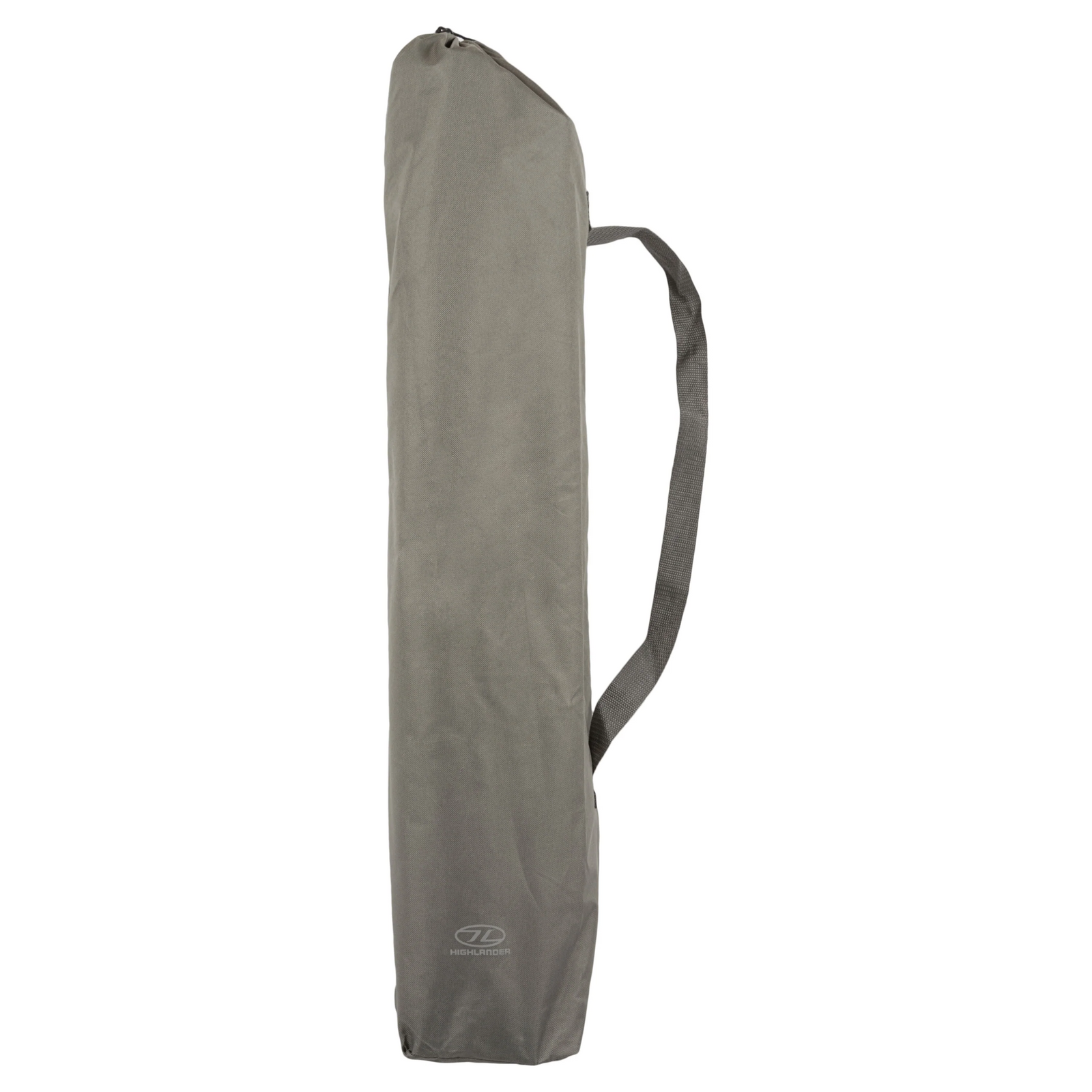 Eine graue, rechteckige Stofftasche mit Griff und dem HIGHLANDER OUTDOOR-Logo am Boden. Sie steht aufrecht, erscheint mit einem Reißverschluss verschlossen und ist ideal für die Aufbewahrung Ihres Highlander Campingstuhl Balvenie.