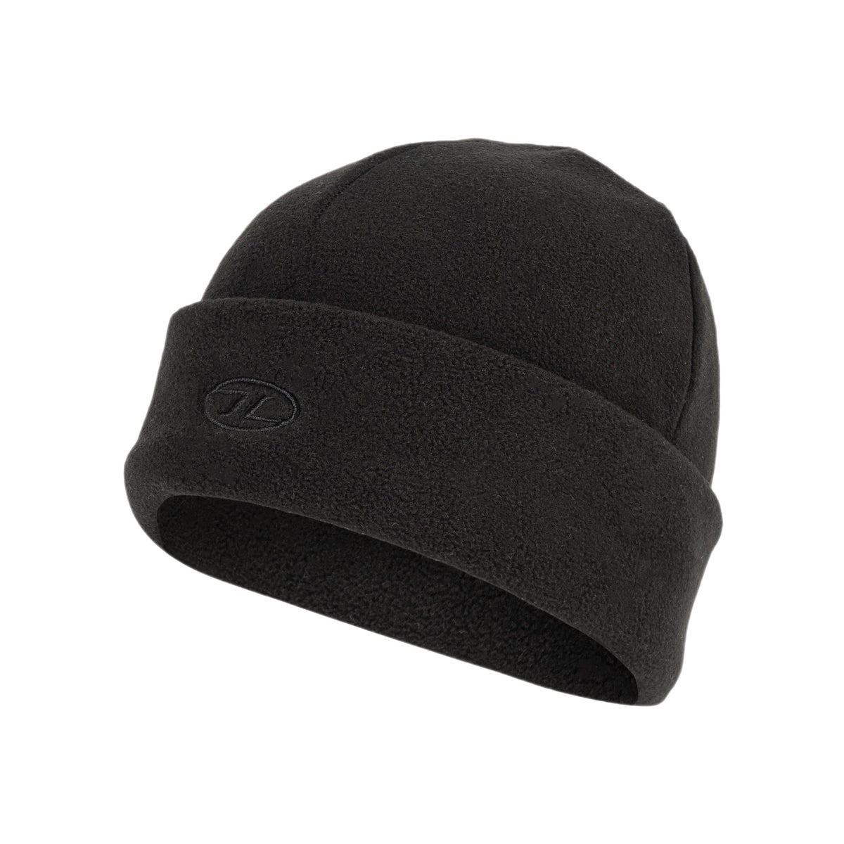 Die Highlander Fleece Beanie von HIGHLANDER OUTDOOR ist eine schwarze Mütze aus Polyester-Fleece mit einem umgeschlagenen Bündchen und einem kleinen gestickten ovalen Logo auf der Vorderseite, das auf einem weißen Hintergrund abgebildet ist.