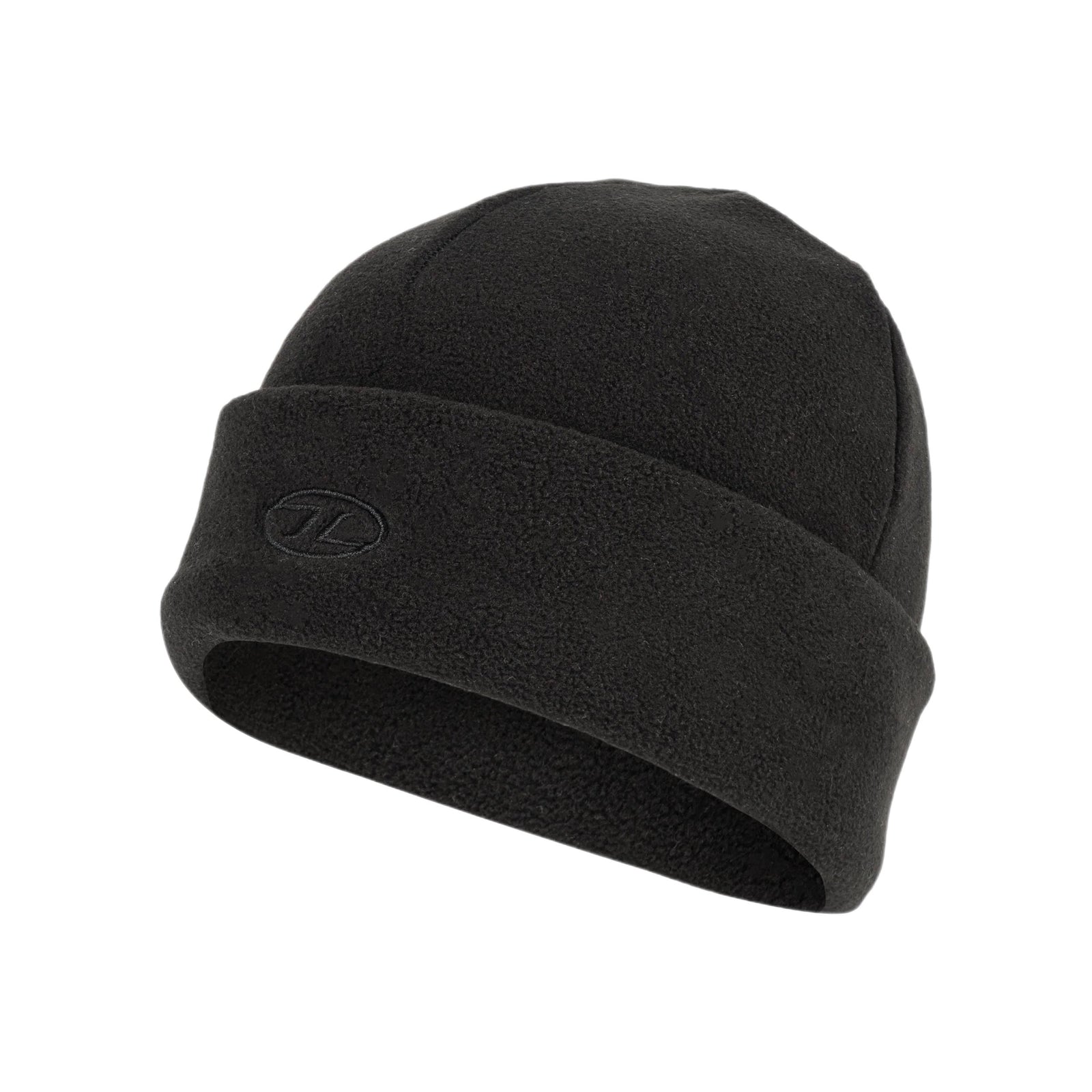 Die Highlander Fleece Beanie von HIGHLANDER OUTDOOR ist eine schwarze Mütze aus Polyester-Fleece mit einem umgeschlagenen Bündchen und einem kleinen gestickten ovalen Logo auf der Vorderseite, das auf einem weißen Hintergrund abgebildet ist.