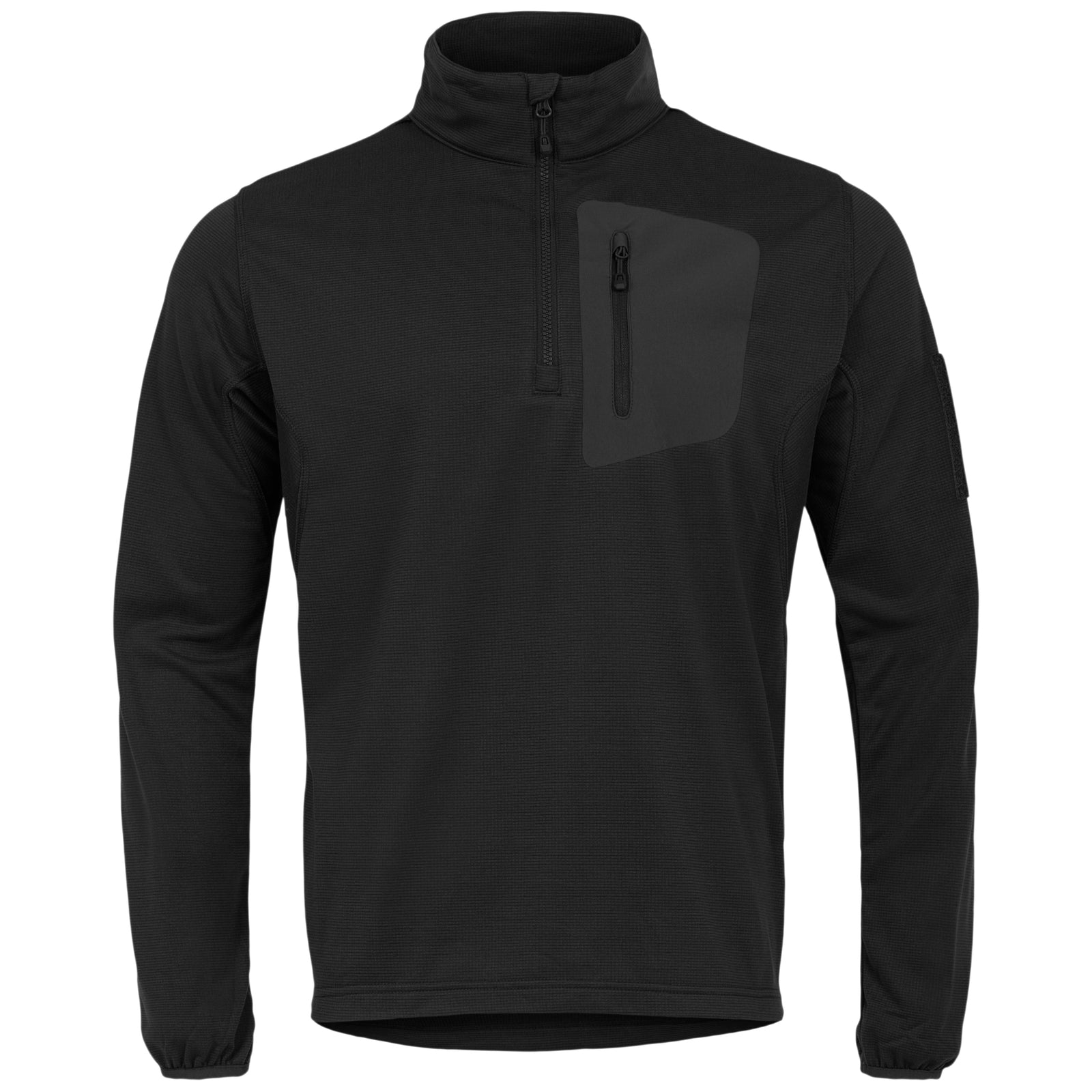 Der Highlander Forces Tactical Hirta Fleece - Black von HIGHLANDER FORCES ist ein langärmeliger Pullover mit einem Kragen mit Viertelreißverschluss, einer Brusttasche mit Reißverschluss auf der linken Seite, moderner Passform und ohne sichtbare Logos oder Muster.