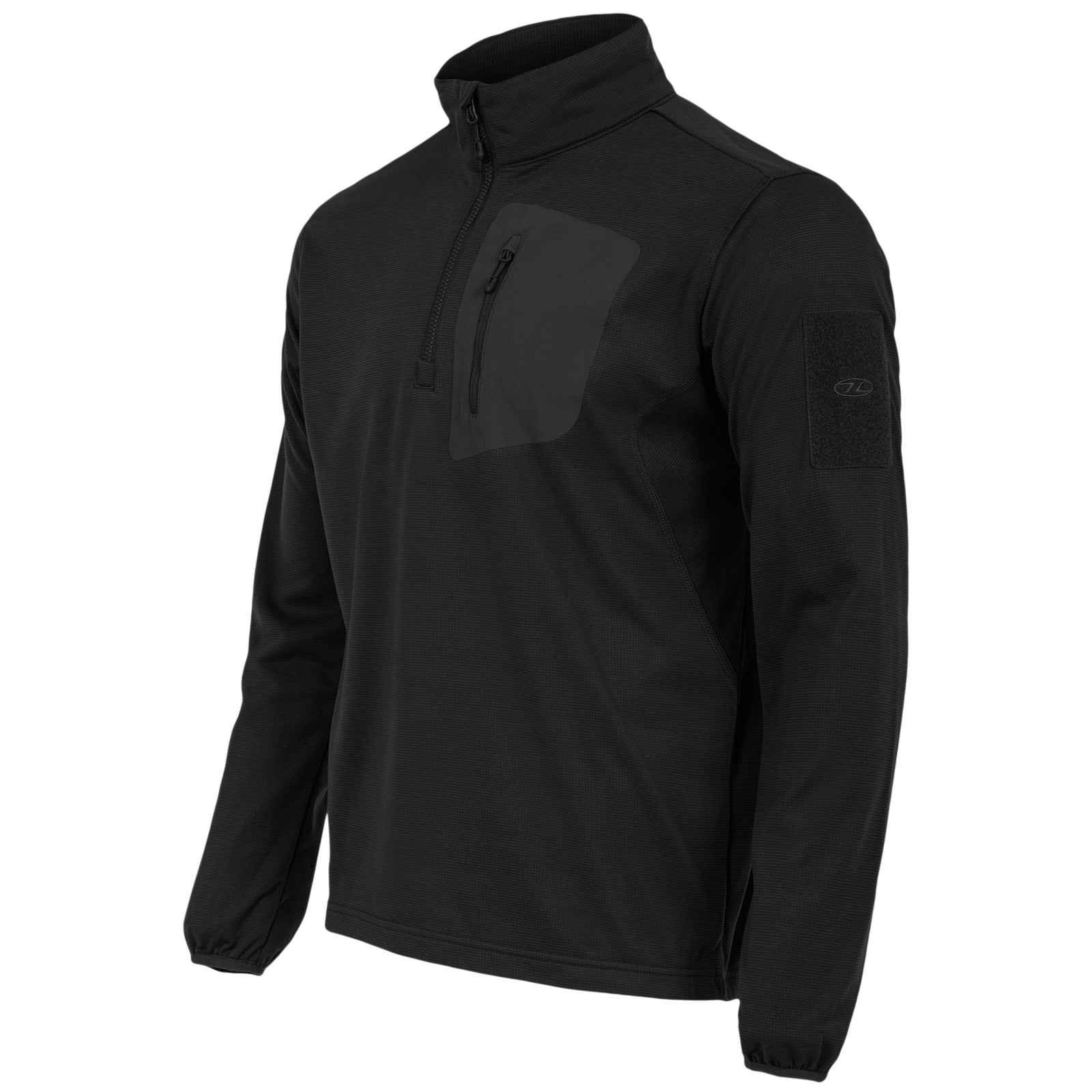 Der HIGHLANDER FORCES Tactical Hirta Fleece - Black ist ein langärmeliger Pullover mit hohem Kragen, halbem Reißverschluss auf der Vorderseite, Brusttasche mit Reißverschluss, elastischen Bündchen und einem Aufnäher am linken Arm. Sein schlichtes Design bietet sowohl Komfort als auch Funktionalität.
