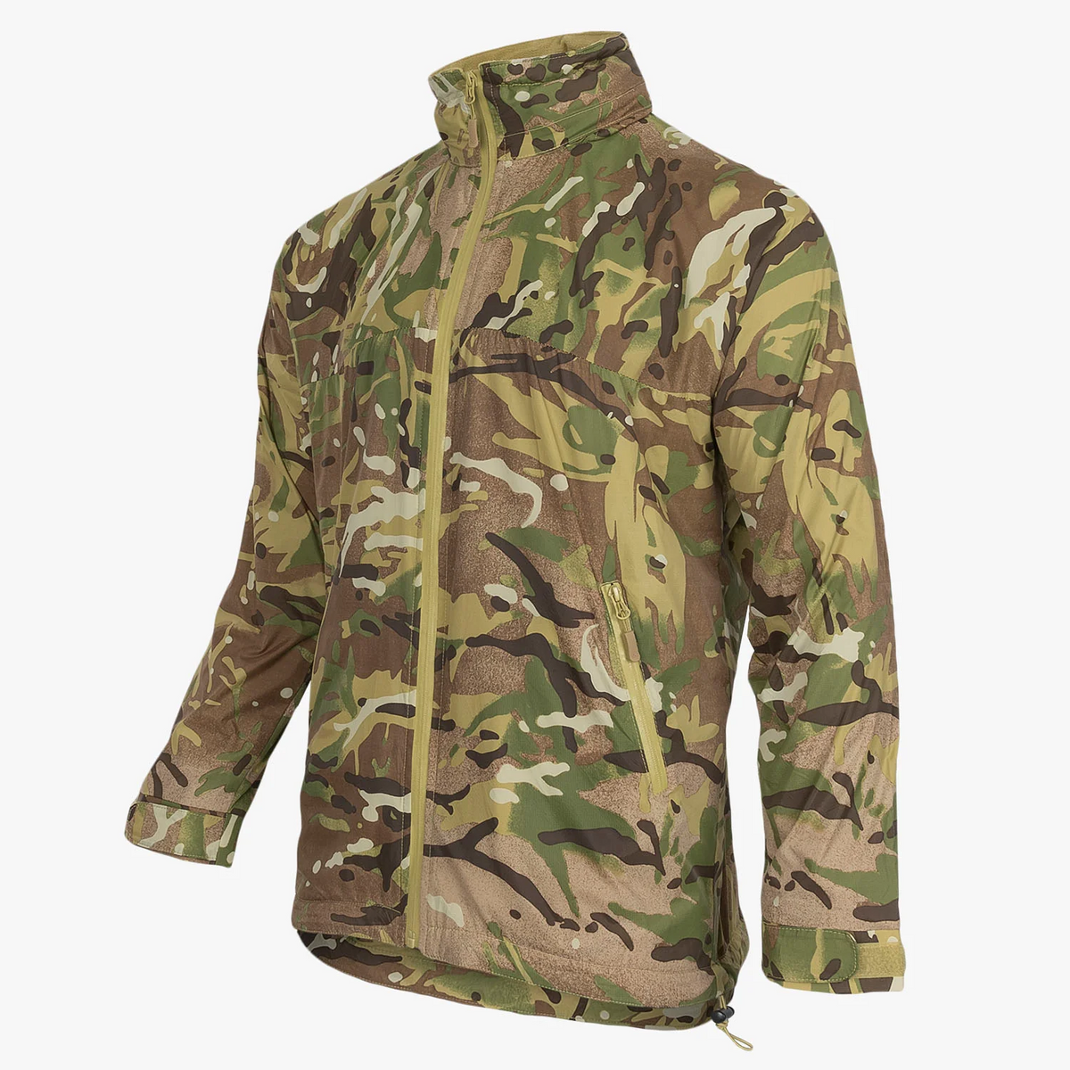Ein Highlander Halo Full Zip Tactical Smock von HIGHLANDER FORCES in Schwarz, winddicht und wasserabweisend, im taktischen Stil mit hohem Kragen, durchgehendem Frontreißverschluss und langen Ärmeln auf weißem Hintergrund präsentiert.