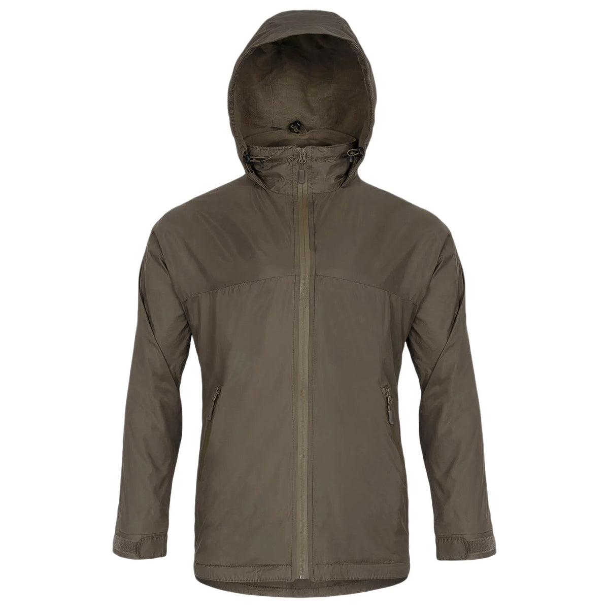 Der Highlander Halo Full Zip Tactical Smock von HIGHLANDER FORCES in Ranger Green hat einen Frontreißverschluss, lange Ärmel, zwei Seitentaschen und eine verstellbare Kapuze mit Kordelzug.