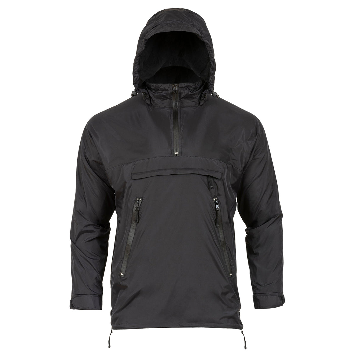 Der HIGHLANDER FORCES Highlander Halo Tactical Smock in Schwarz hat einen halben Reißverschluss auf der Vorderseite, Brust- und Seitentaschen mit Reißverschluss und verstellbare Kordeln am Saum und an der Kapuze, abgebildet auf einem schlichten weißen Hintergrund.